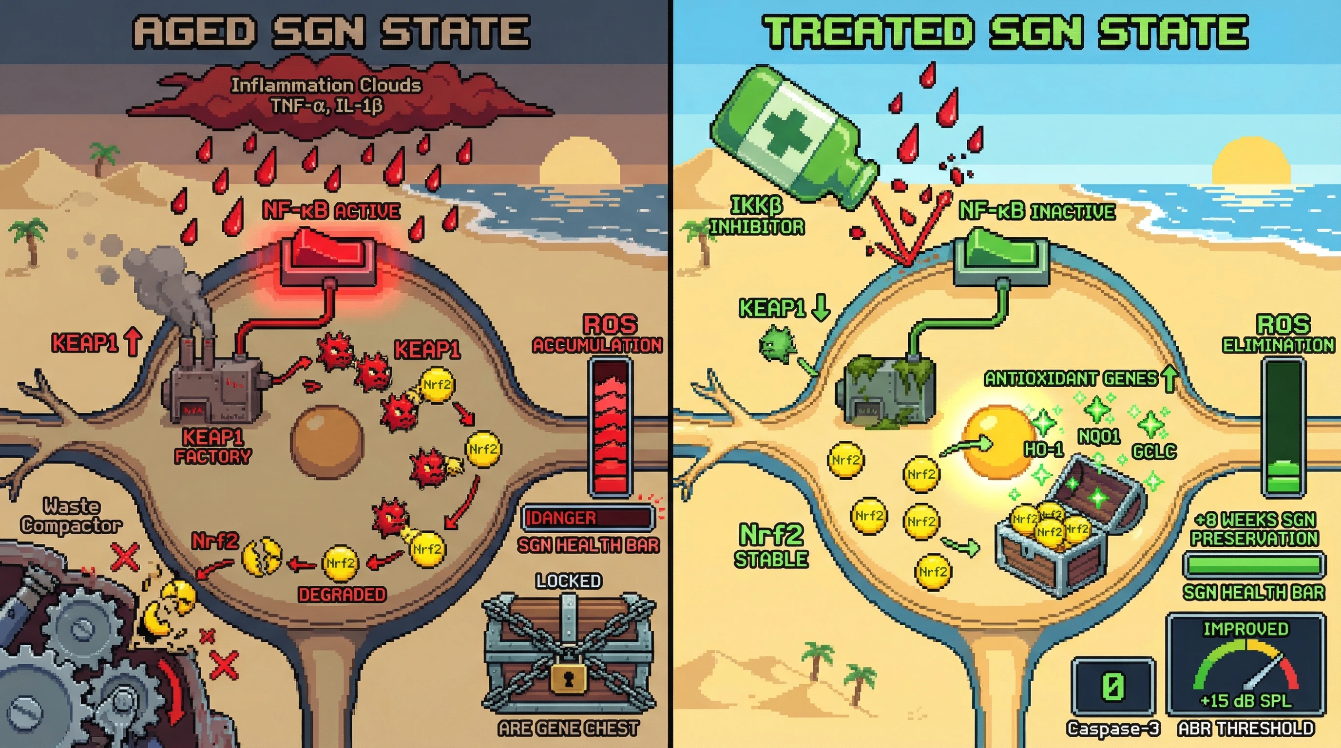 Infographic for: Latent Nrf2 Hormetic Capacity in Spiral Ganglion Neurons is Masked by Chronic NF‑κB‑Driven KEAP1 Expression