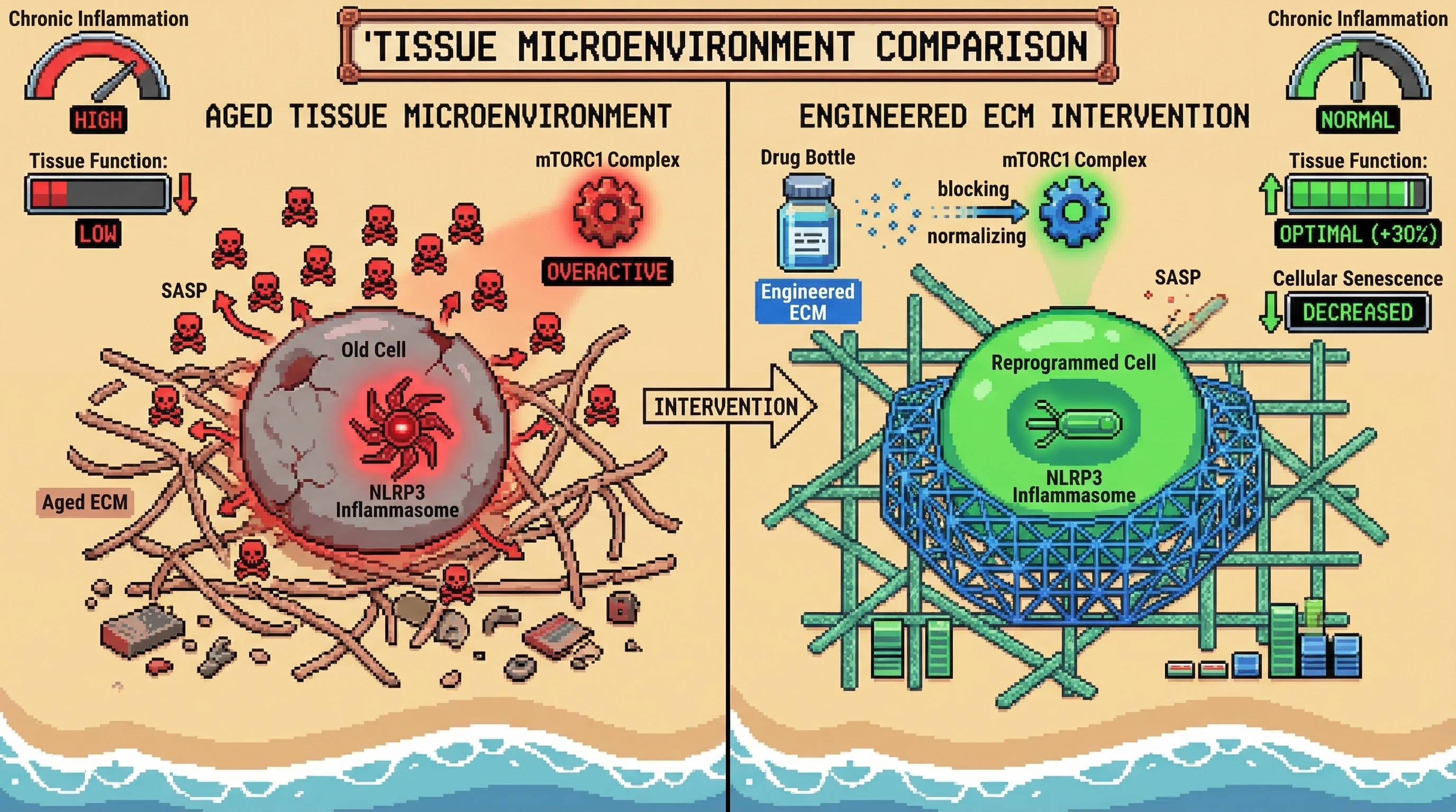 Mechanism: Engineered ECMs actively reprogram aged tissue microenvironments by normalizing the mTORC1 complex and deactivating the NLRP3 inflammasome. Readout: Readout: This intervention reduces SASP secretion, decreases chronic inflammation, and boosts overall tissue function by 30%.