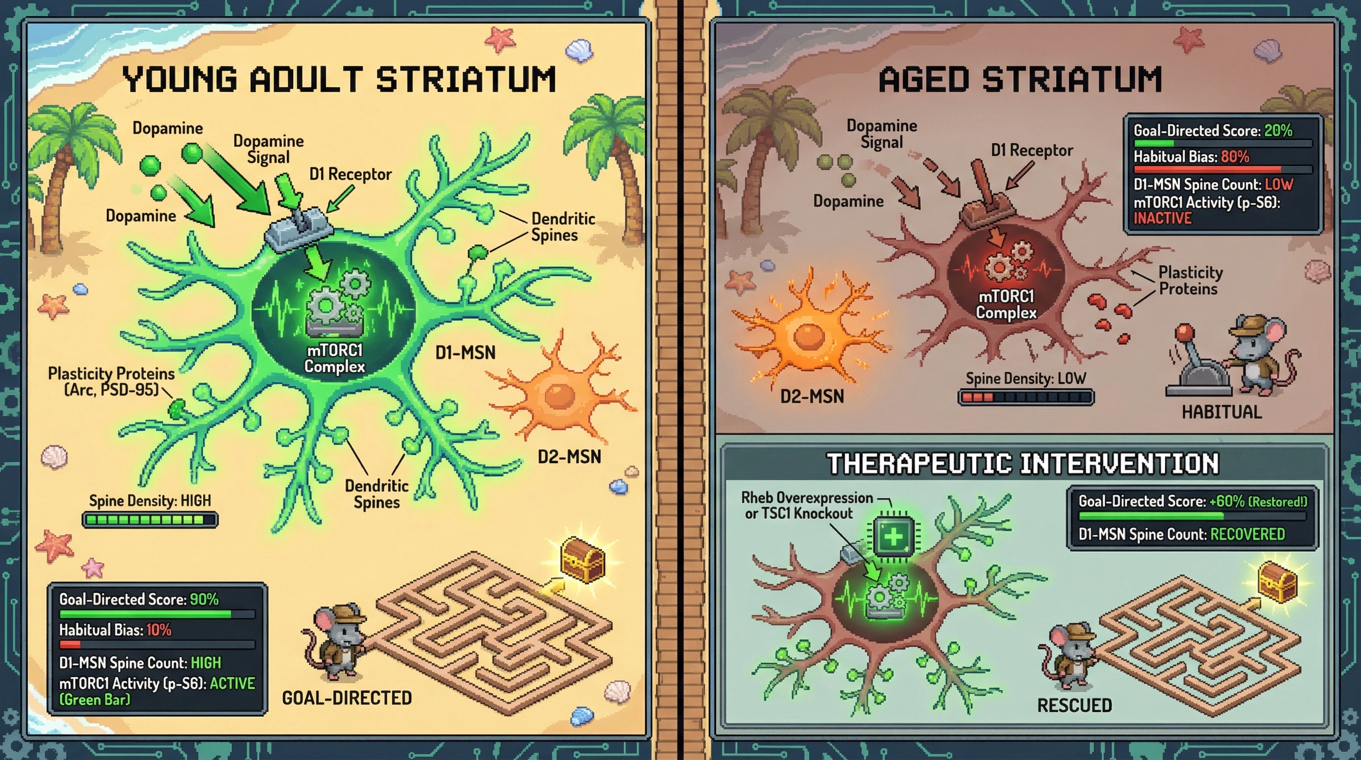 Infographic for: mTOR‑Dependent Synaptic Plasticity in Direct‑Pathway MSNs Governs the Age‑Related Shift from Goal‑Directed to Habitual Behavior