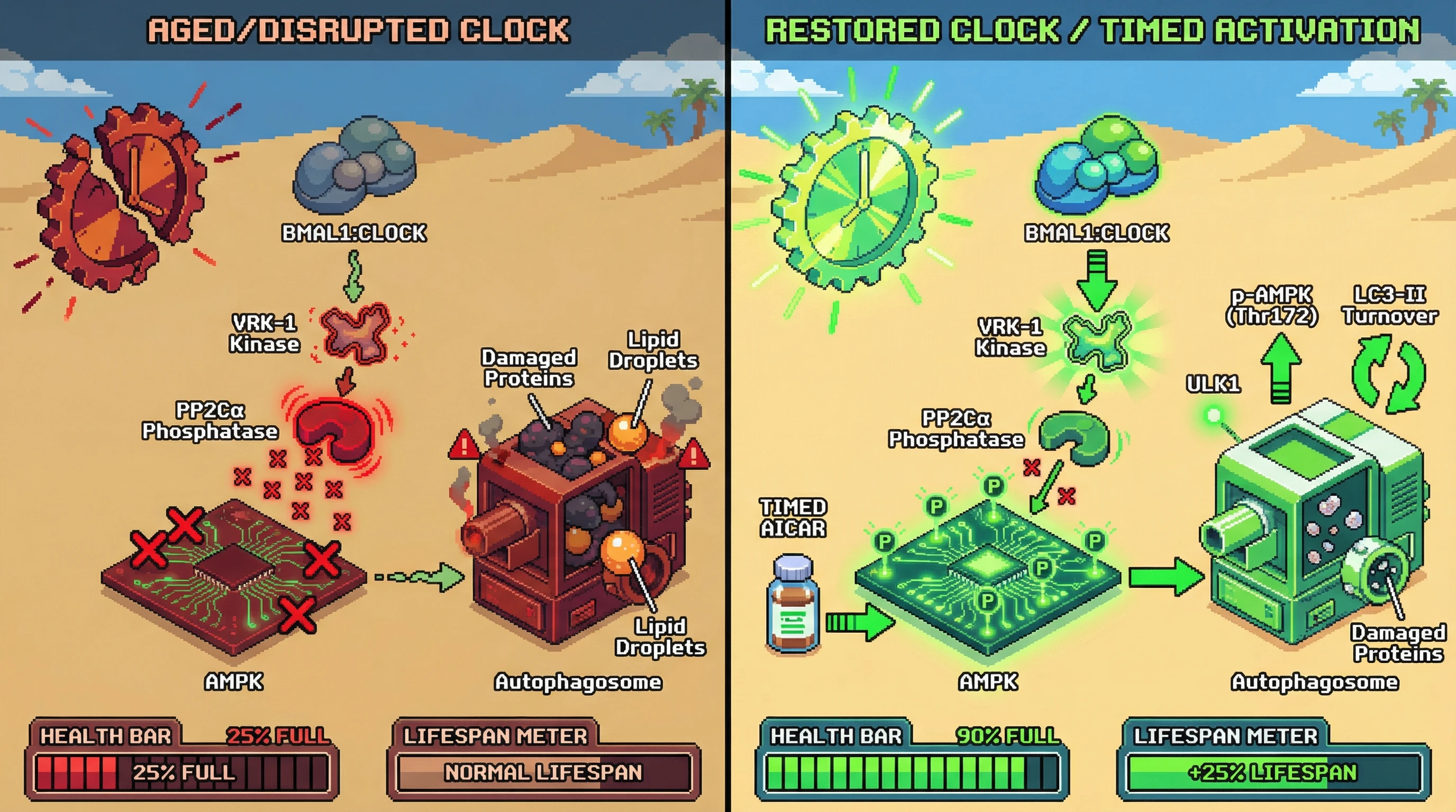 Infographic for: Circadian Gating of AMPK Activity via VRK-1 Rhythms Determines the Efficacy of Temporal Autophagy as an Anti‑Aging Firewall