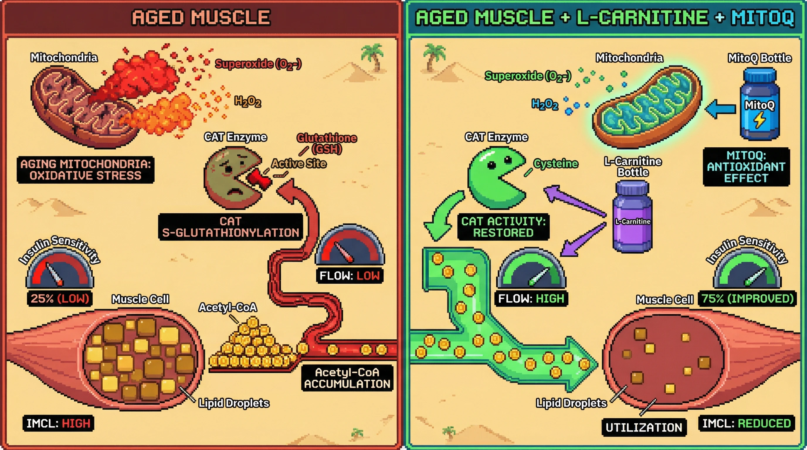 Mechanism: Oxidative stress in aging muscles S-glutathionylates Carnitine Acetyltransferase (CAT), impairing carnitine shuttle flux and leading to lipid accumulation and low insulin sensitivity. Readout: Readout: Co-supplementation with L-carnitine and MitoQ reduces CAT S-glutathionylation, restores shuttle flux, decreases intramuscular lipid content, and improves insulin sensitivity.