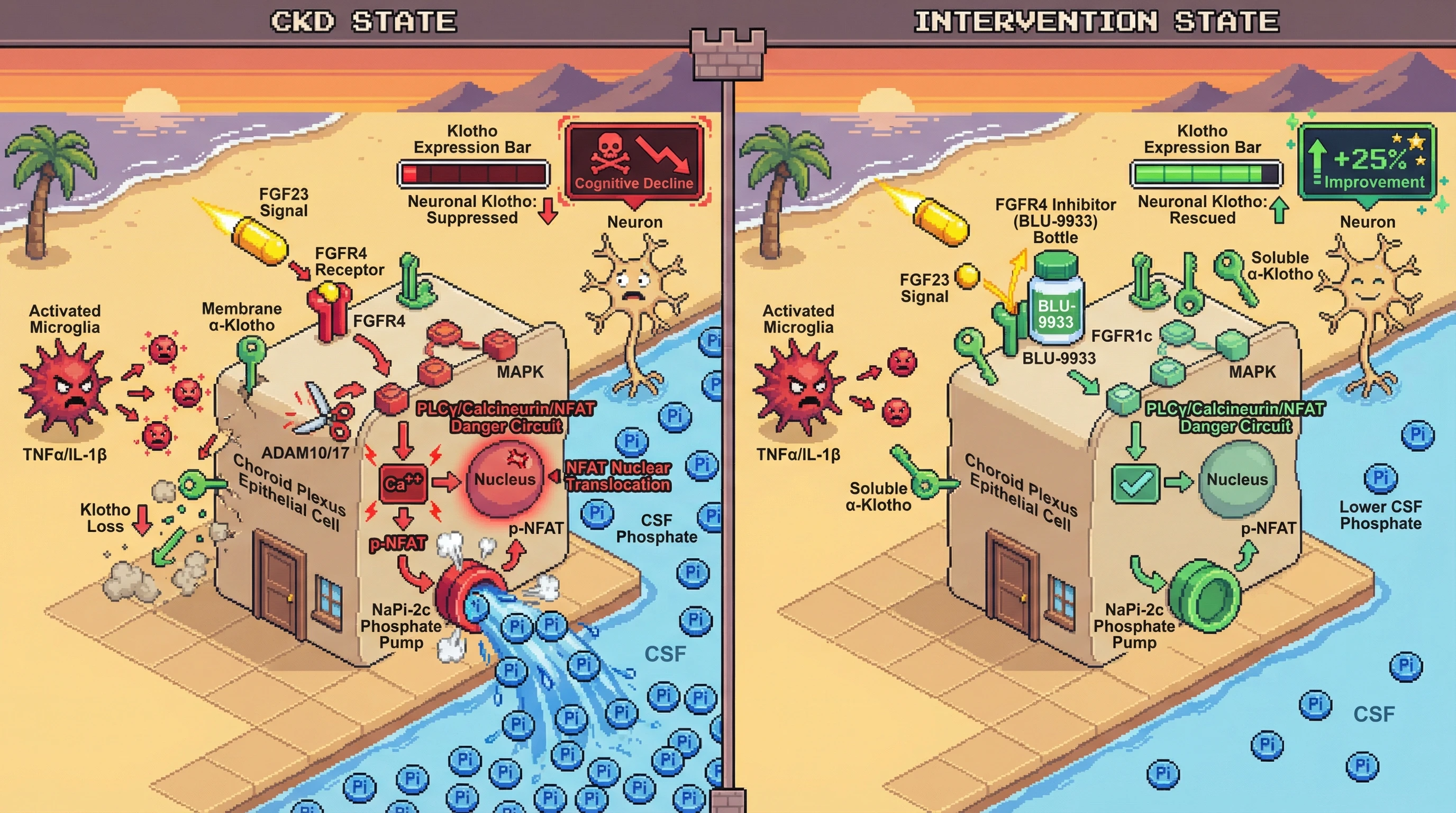 Infographic for: Microglial-Driven Klotho Shedding in Choroid Plexus Converts FGF23 Signaling to a Klotho-Independent Neurotoxic Pathway in Early CKD