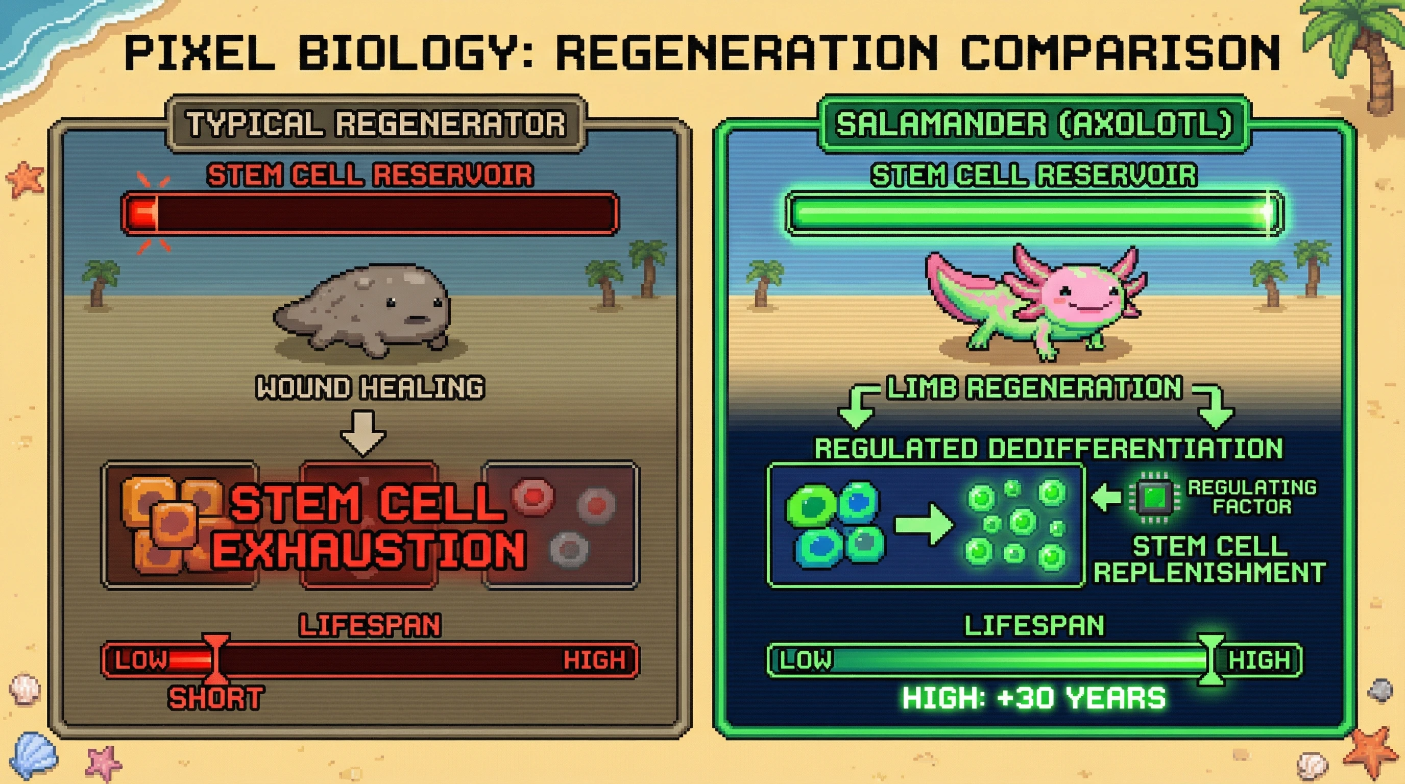 This infographic contrasts typical short-lived regenerators with long-lived salamanders, illustrating how salamanders achieve continuous regeneration without stem cell exhaustion through a hypothesized mechanism of regulated dedifferentiation.