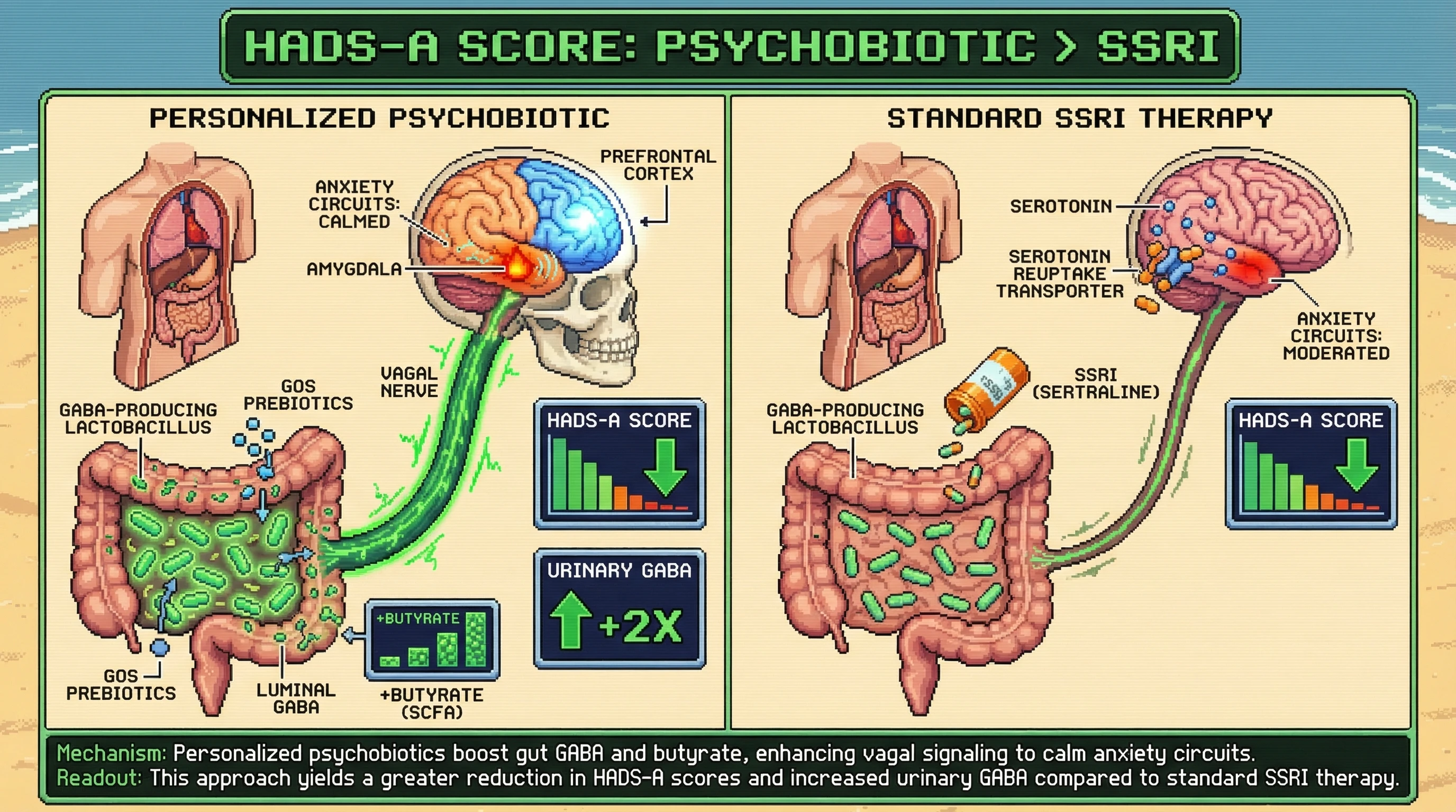 Infographic for: Personalized psychobiotic selection based on baseline GABA‑producing Lactobacillus and SCFA profile outperforms SSRIs in anxiety via vagal‑mediated gut‑brain signaling
