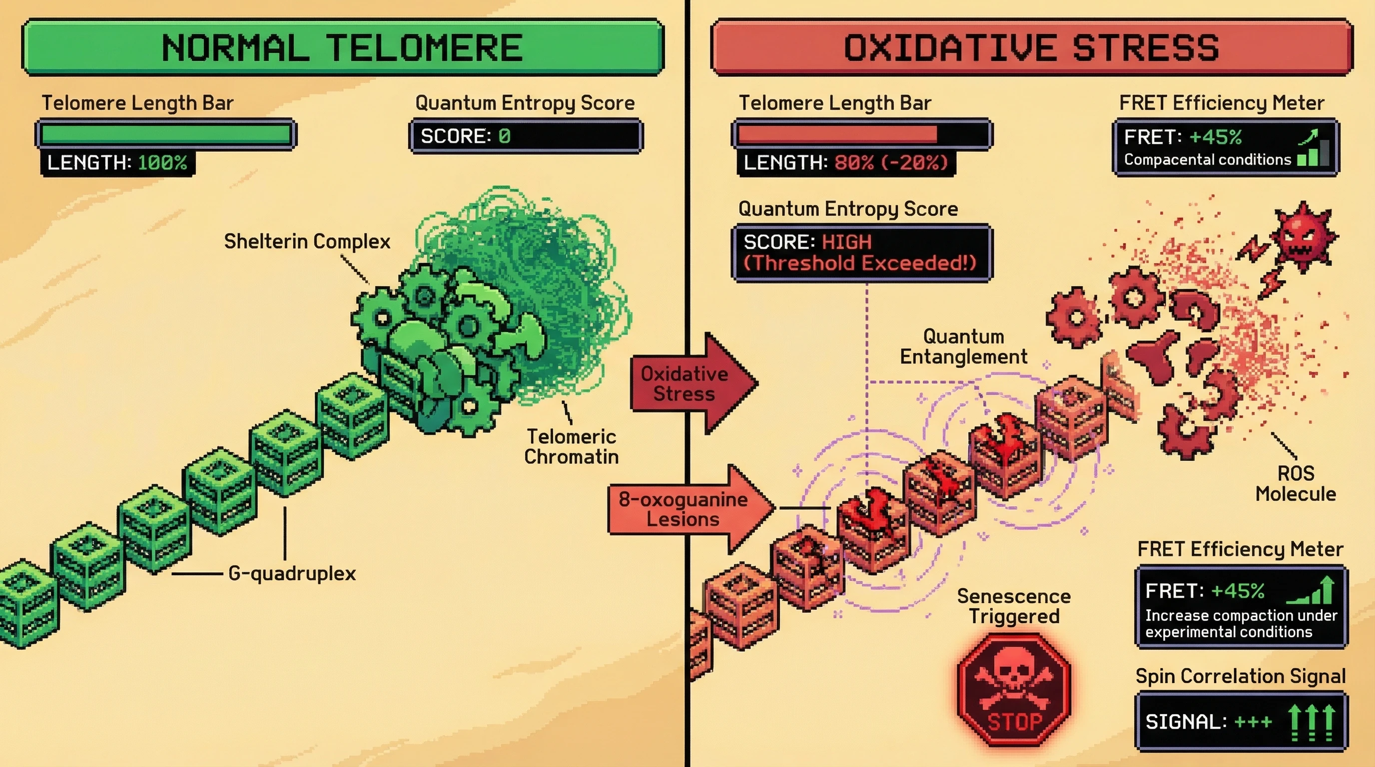 Mechanism: Oxidative stress induces 8-oxoguanine lesions in telomeric G-quadruplexes, generating quantum entanglement that increases telomeric entropy and decompacts chromatin, leading to senescence. Readout: Readout: Telomere length decreases, quantum entropy score rises, and FRET efficiency increases, indicating altered chromatin compaction.