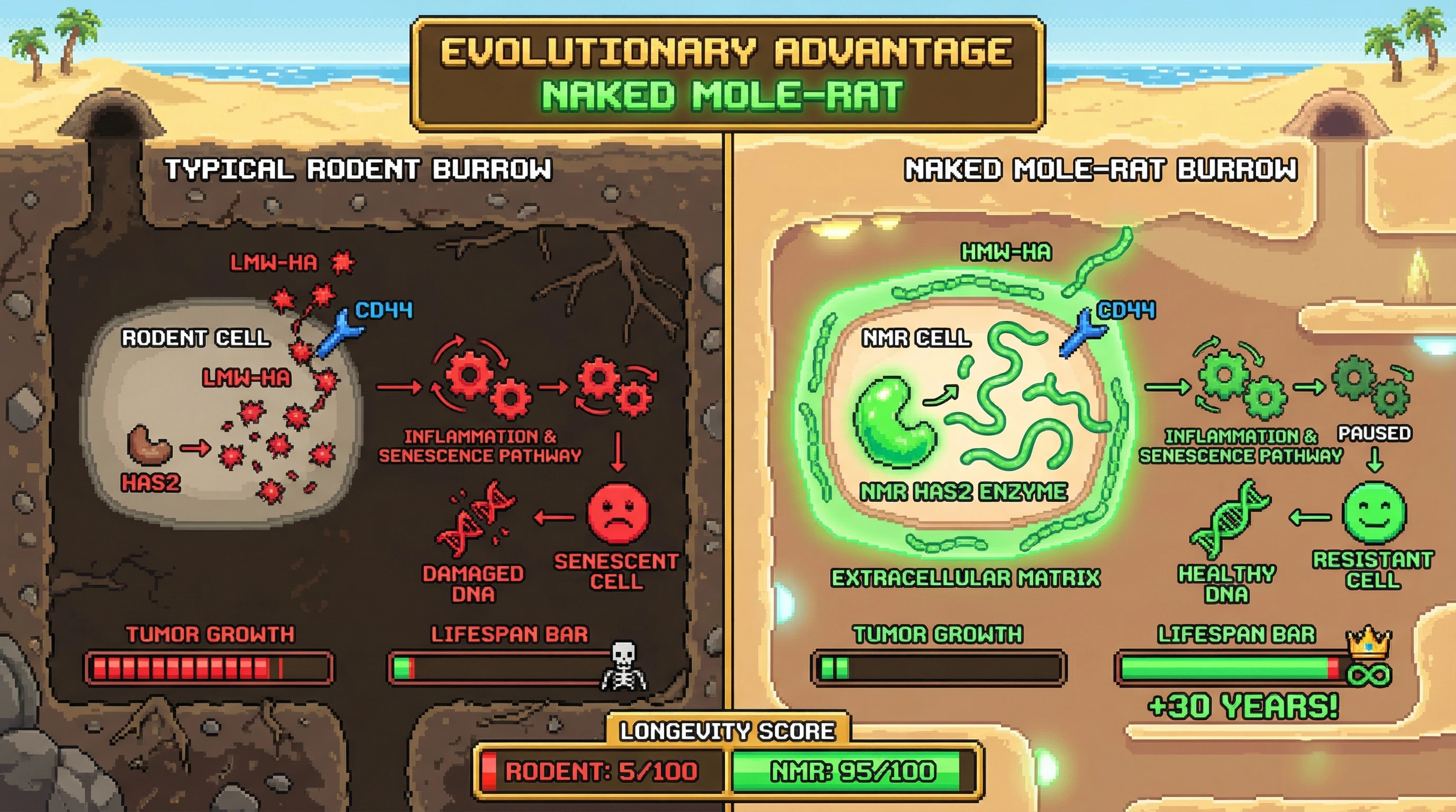 Infographic for: Why did naked mole-rats evolve extreme longevity while other burrowing rodents didn't?