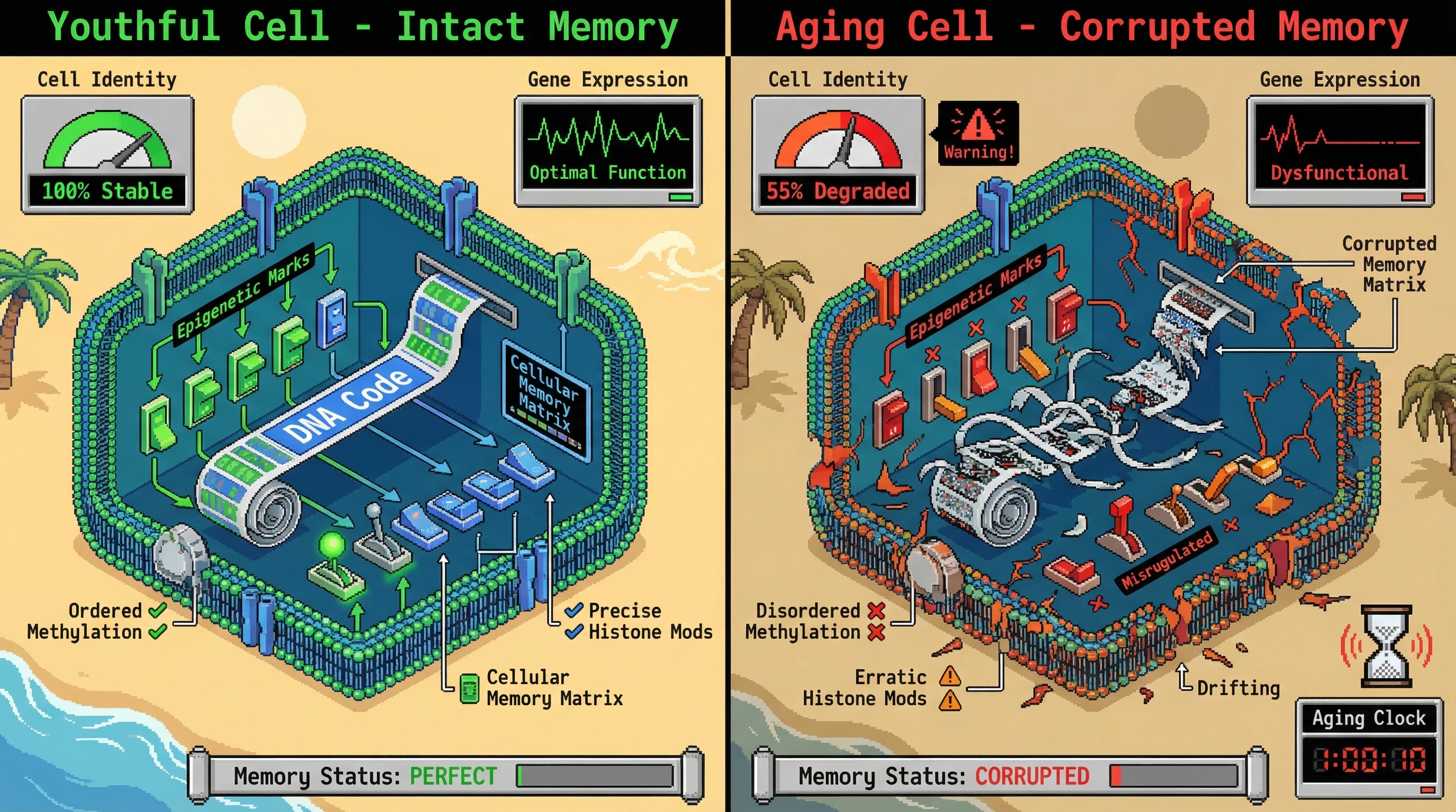 This infographic illustrates the hypothesis that the epigenome acts as a cellular memory system, showing how its precise organization in youthful cells maintains identity, versus its progressive corruption during aging leading to dysfunction.