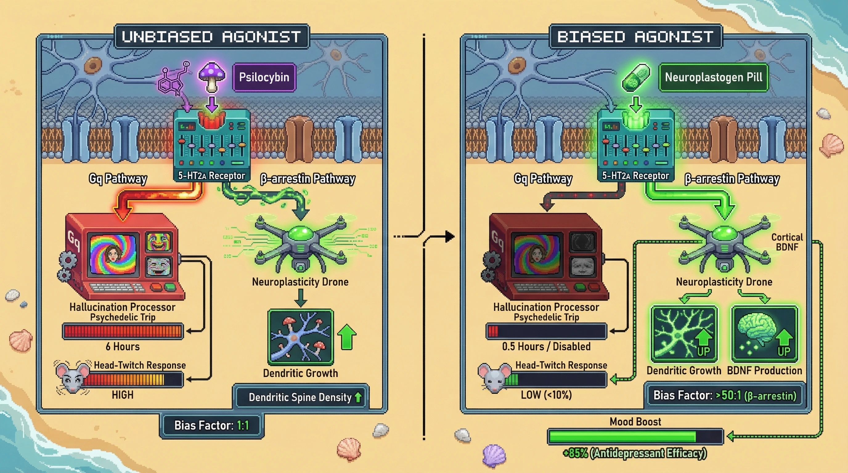 Infographic for: 5-HT2A β-Arrestin Bias Could Enable Neuroplasticity Without Psychedelic Experience