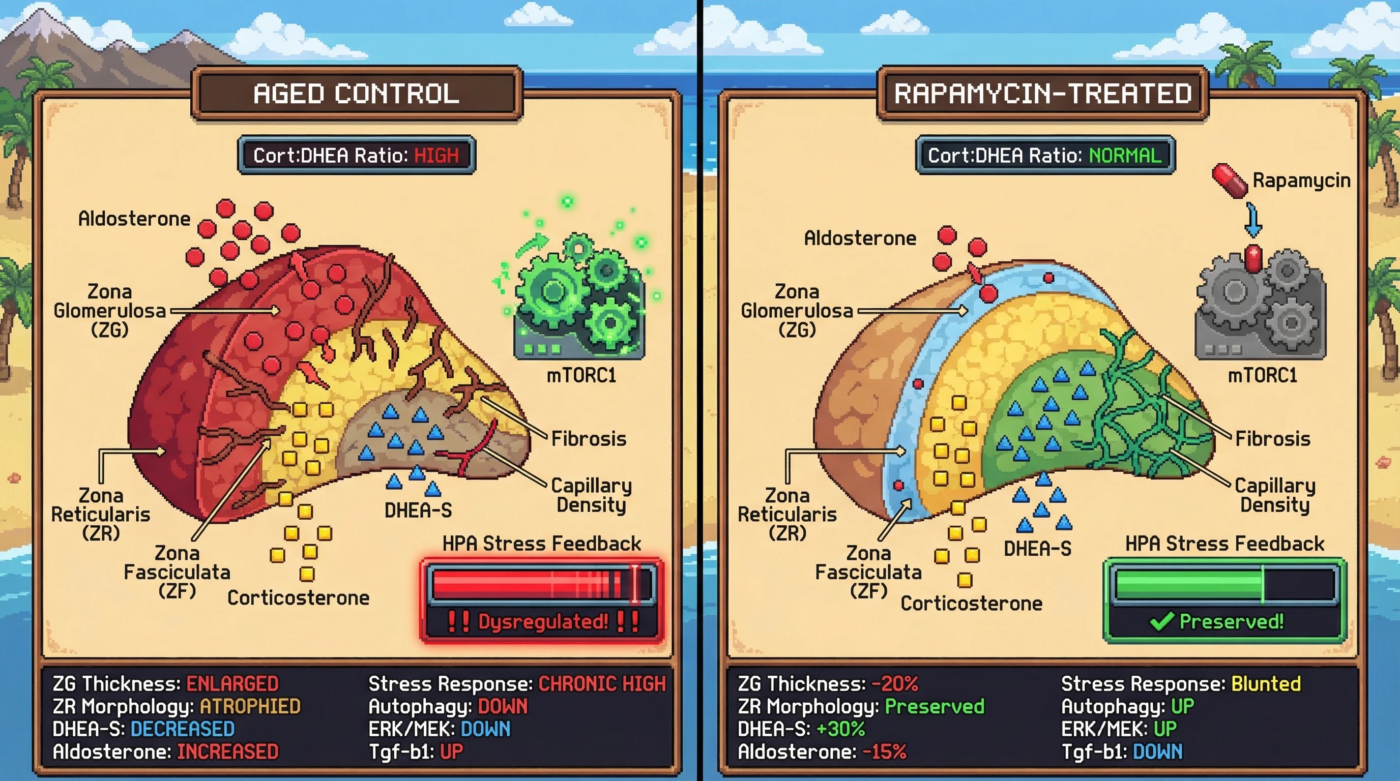 Mechanism: Rapamycin inhibits mTORC1, preserving the adrenal gland's zona reticularis function and normalizing hormone balance. Readout: Readout: DHEA-S levels are elevated, aldosterone output is reduced, and the corticosterone:DHEA-S ratio is significantly lowered.