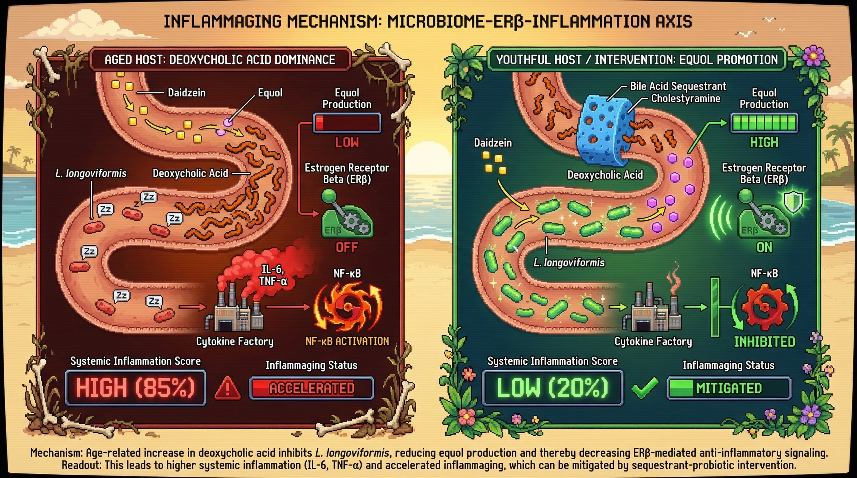 Infographic for: Hypothesis: Age‑related decline of Lactonifactor longoviformis drives reduced equol production and contributes to inflammaging via loss of equol‑mediated ERβ activation