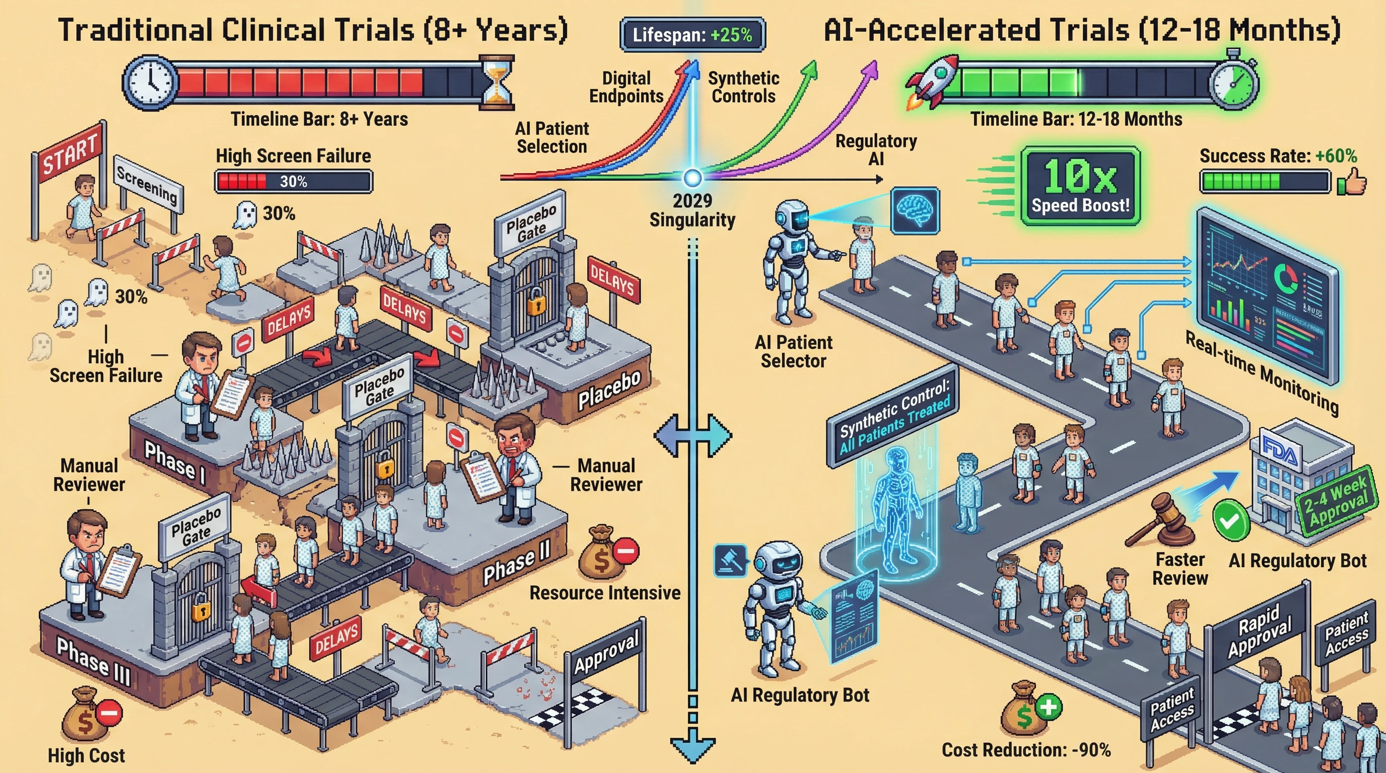 Mechanism: The convergence of AI patient selection, digital endpoints, synthetic controls, and regulatory AI dramatically accelerates clinical trial timelines. Readout: Readout: Clinical development time is compressed from 8+ years to 12-18 months, reducing costs by 90% and increasing success rates by 60%.
