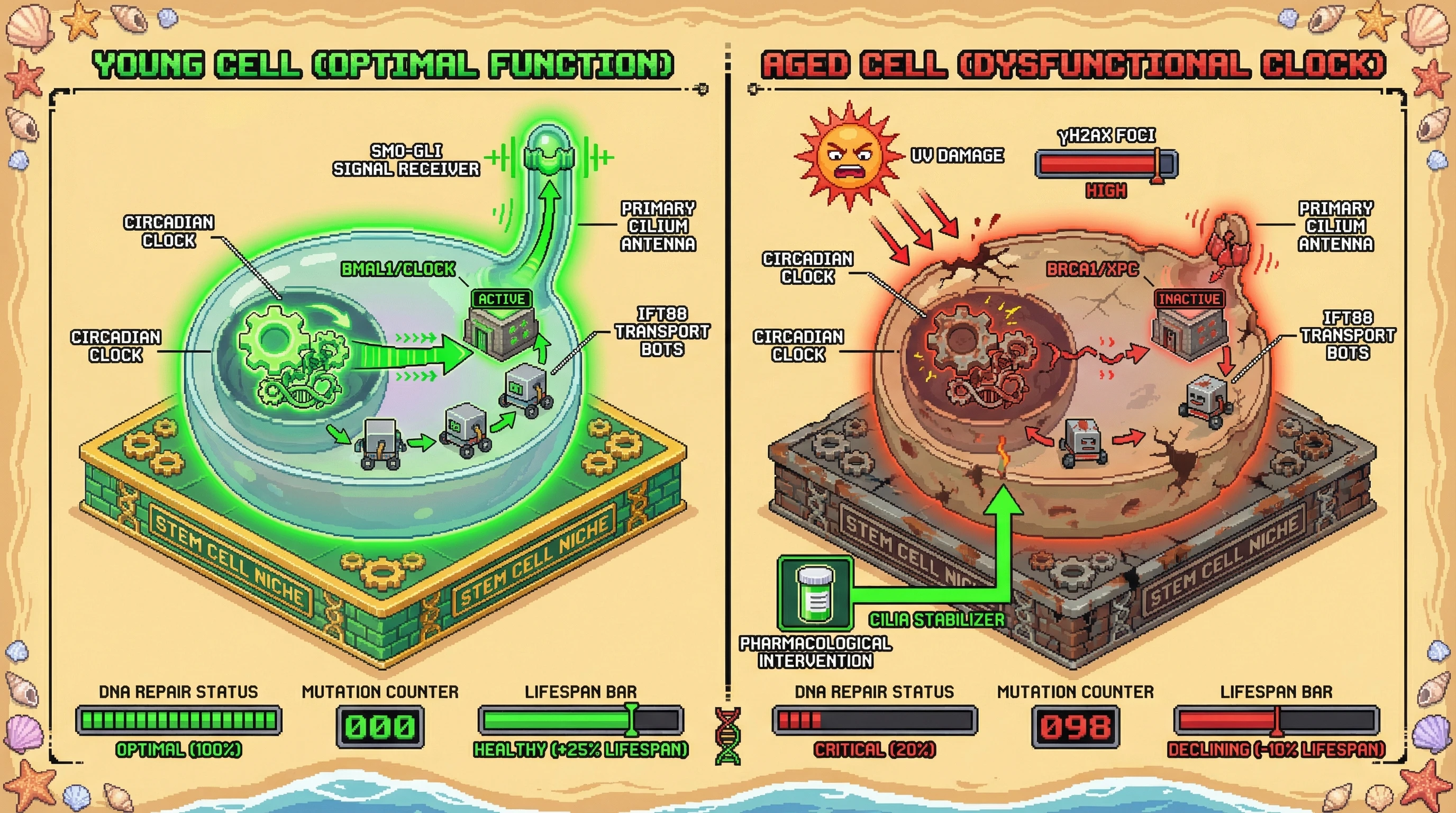 Infographic for: Circadian gating of primary cilium‑dependent Hedgehog signaling coordinates stem cell DNA repair and prevents aging