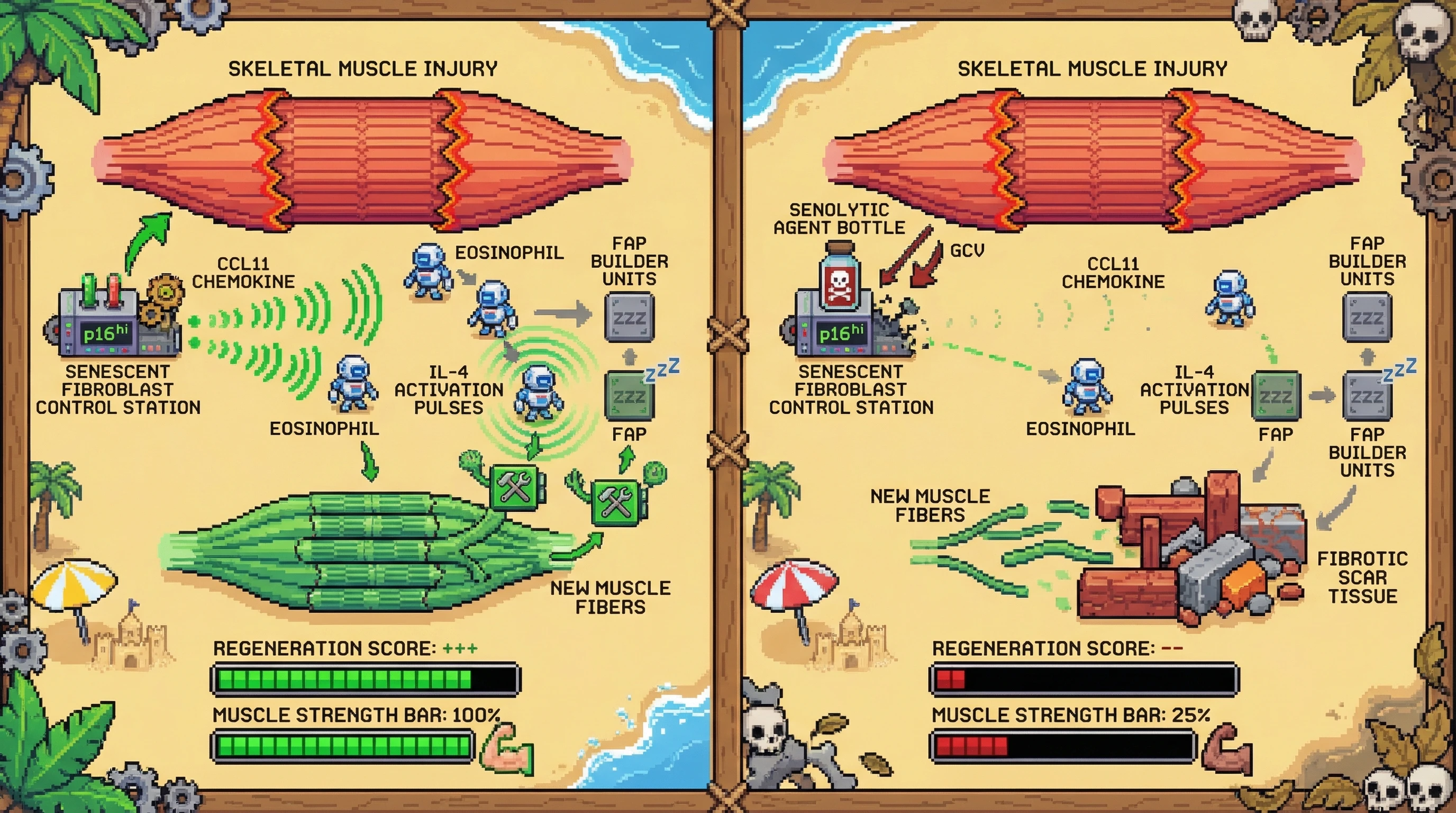 Infographic for: Senescent Fibroblasts Orchestrate Eosinophil‑Mediated Muscle Repair via a SASP‑Chemokine Rheostat