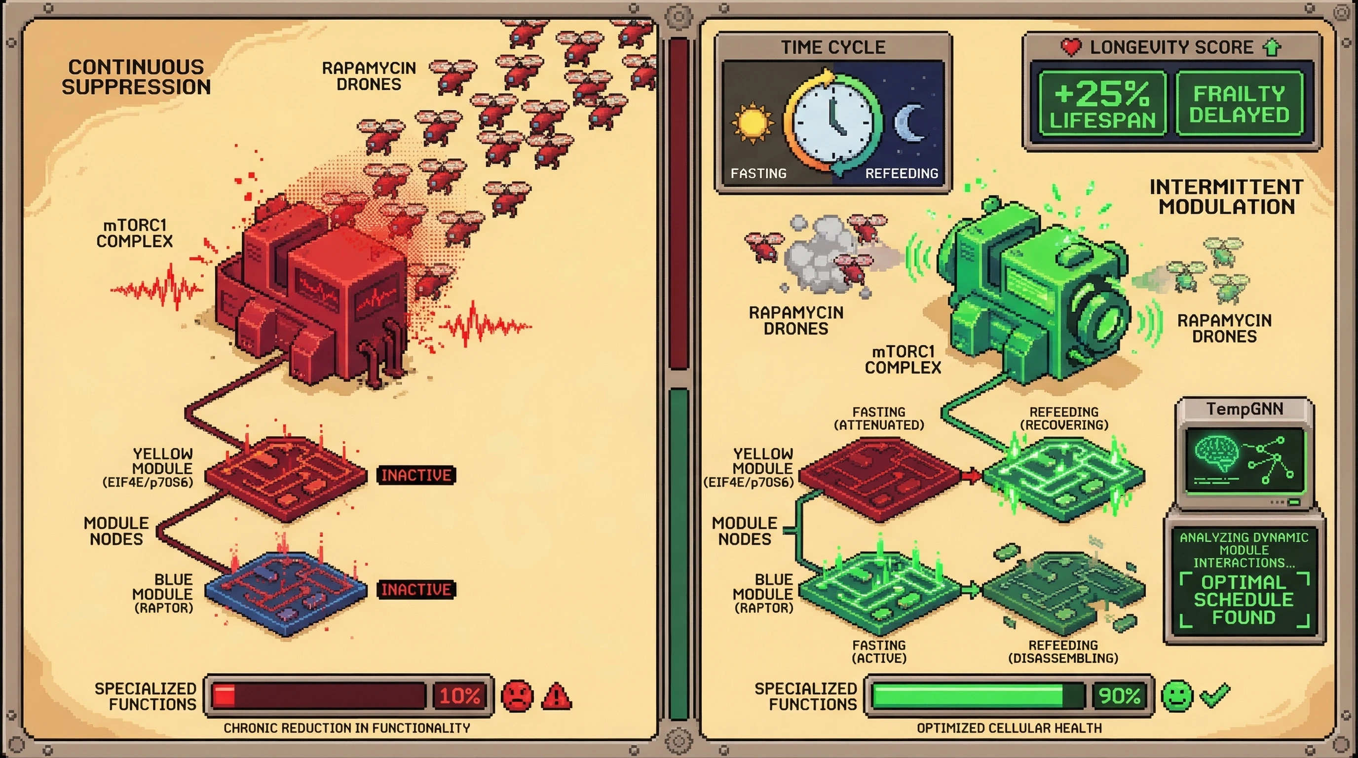 Infographic for: Temporal mTOR Modulation as a Dial: Predicting Longevity Outcomes via Dynamic Graph Attention Networks Tracking Module-Specific Rewiring Across Nutrient Cycles