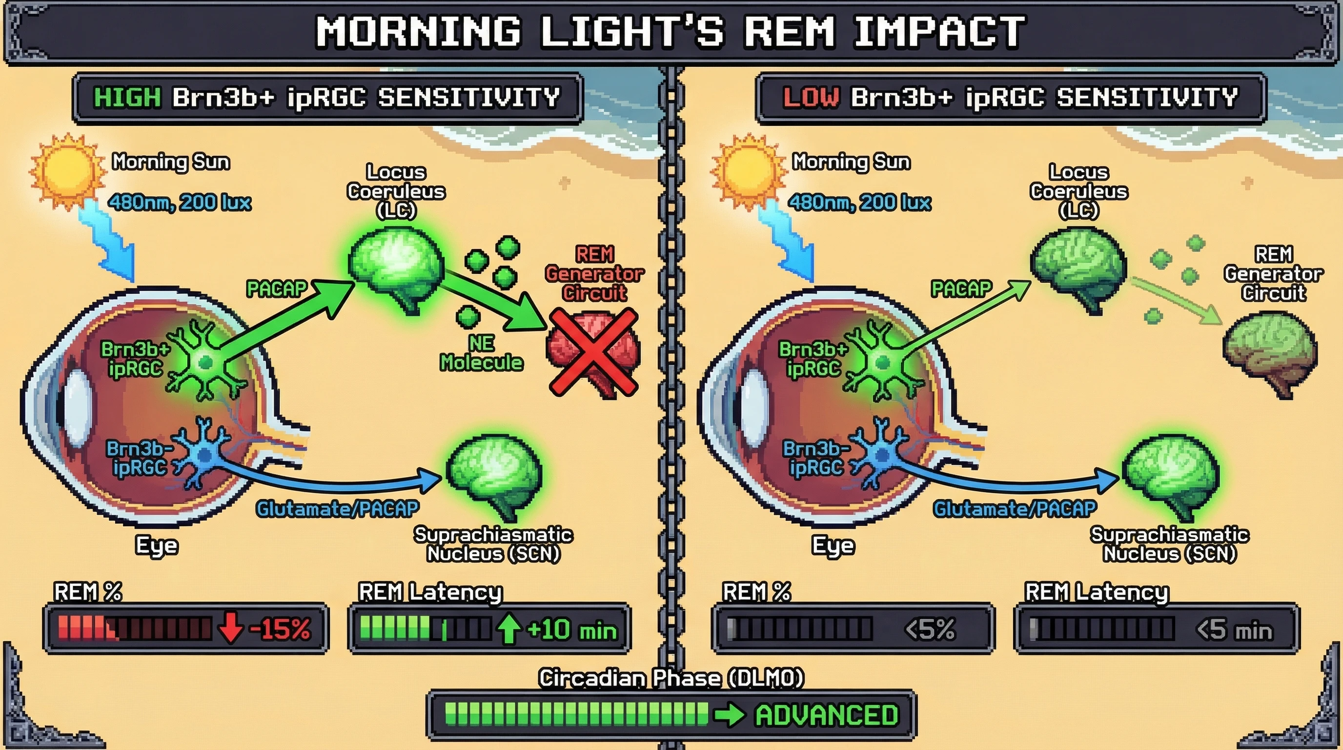 Infographic for: Subtype-Specific ipRGC Signaling Determines Morning Light’s Impact on REM Sleep Architecture via Locus Coeruleus Noradrenergic Pathways