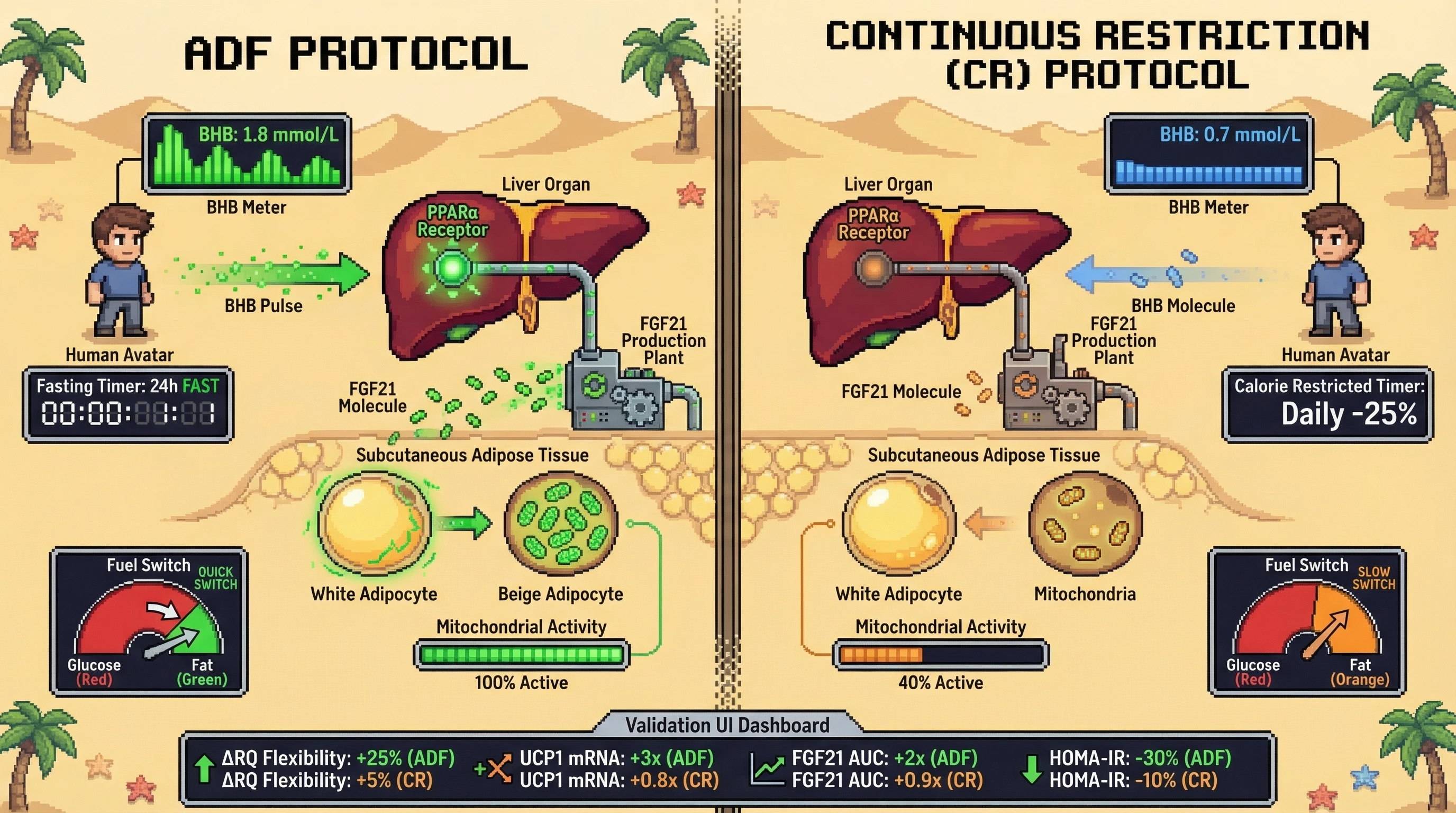 Mechanism: Intermittent ketotic pulses from alternate-day fasting activate hepatic PPARα, stimulating FGF21 to prime adipose tissue for beige adipocyte recruitment. Readout: Readout: This leads to greater respiratory quotient flexibility, increased UCP1 mRNA, higher FGF21 AUC, and a 30% reduction in HOMA-IR compared to continuous calorie restriction.