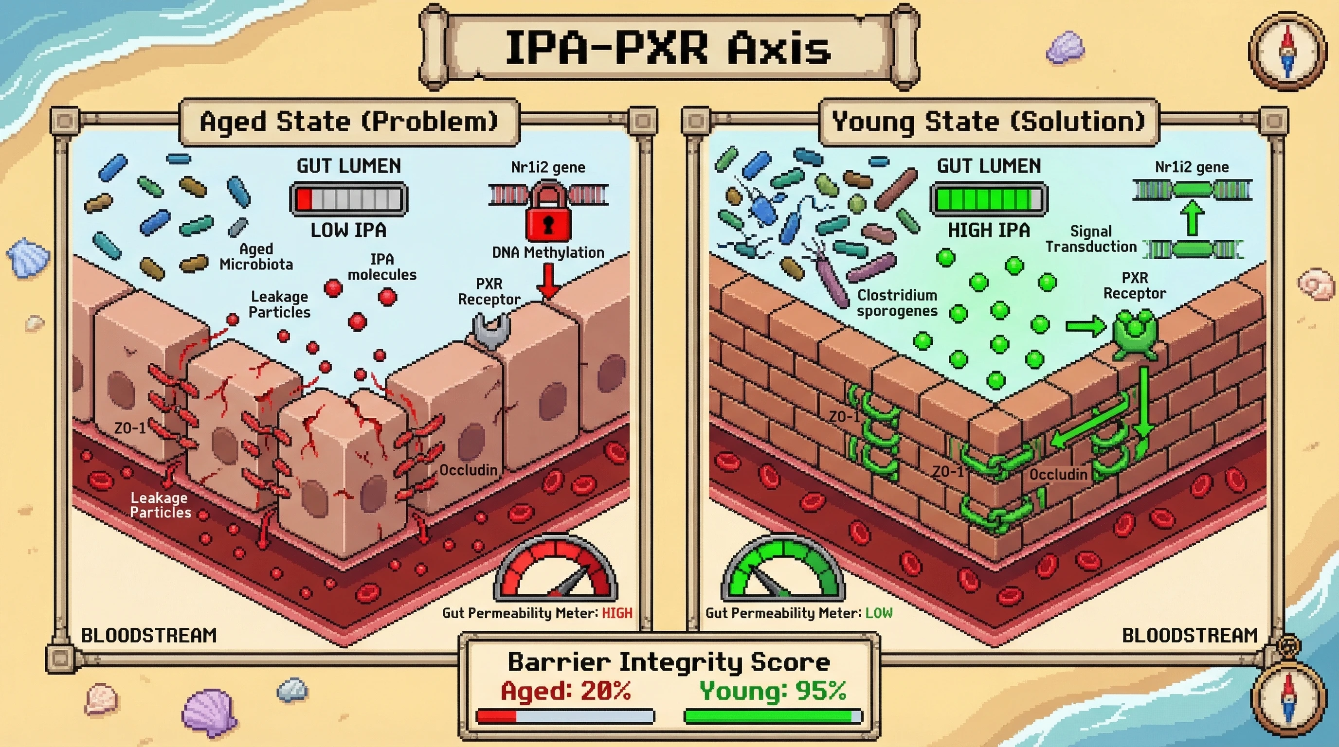 Mechanism: Physiological aging causes epigenetic silencing of the PXR gene in gut epithelia and reduces microbial IPA production, decoupling IPA's barrier-protective effects. Readout: Readout: This leads to increased gut permeability and a significantly lower barrier integrity score in aged states compared to young.