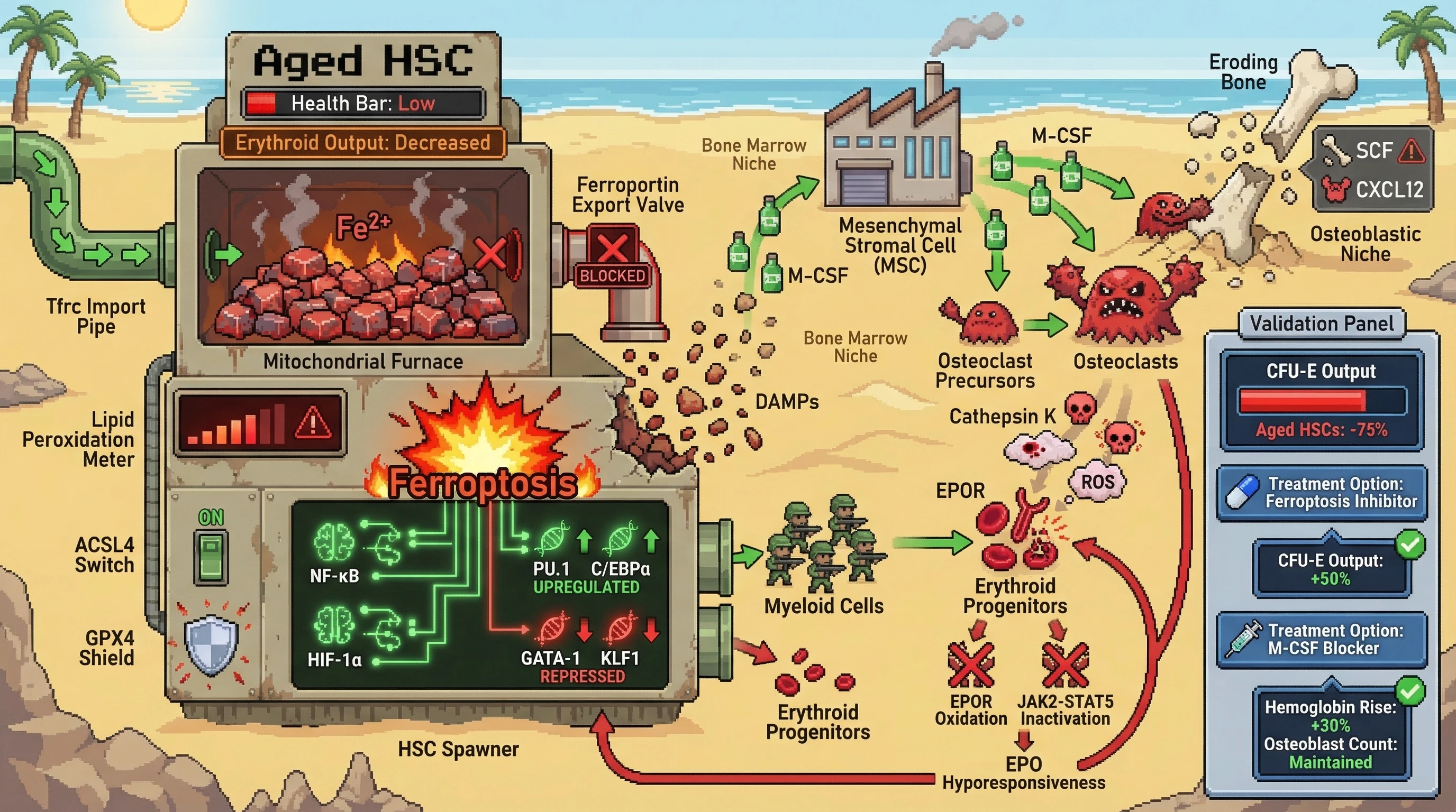 Infographic for: Age-related mitochondrial iron overload in HSCs drives a ferroptosis-prone state that skews differentiation toward myeloid lineage and impairs erythropoiesis, creating a vicious loop with EPO-induced osteoclast activation