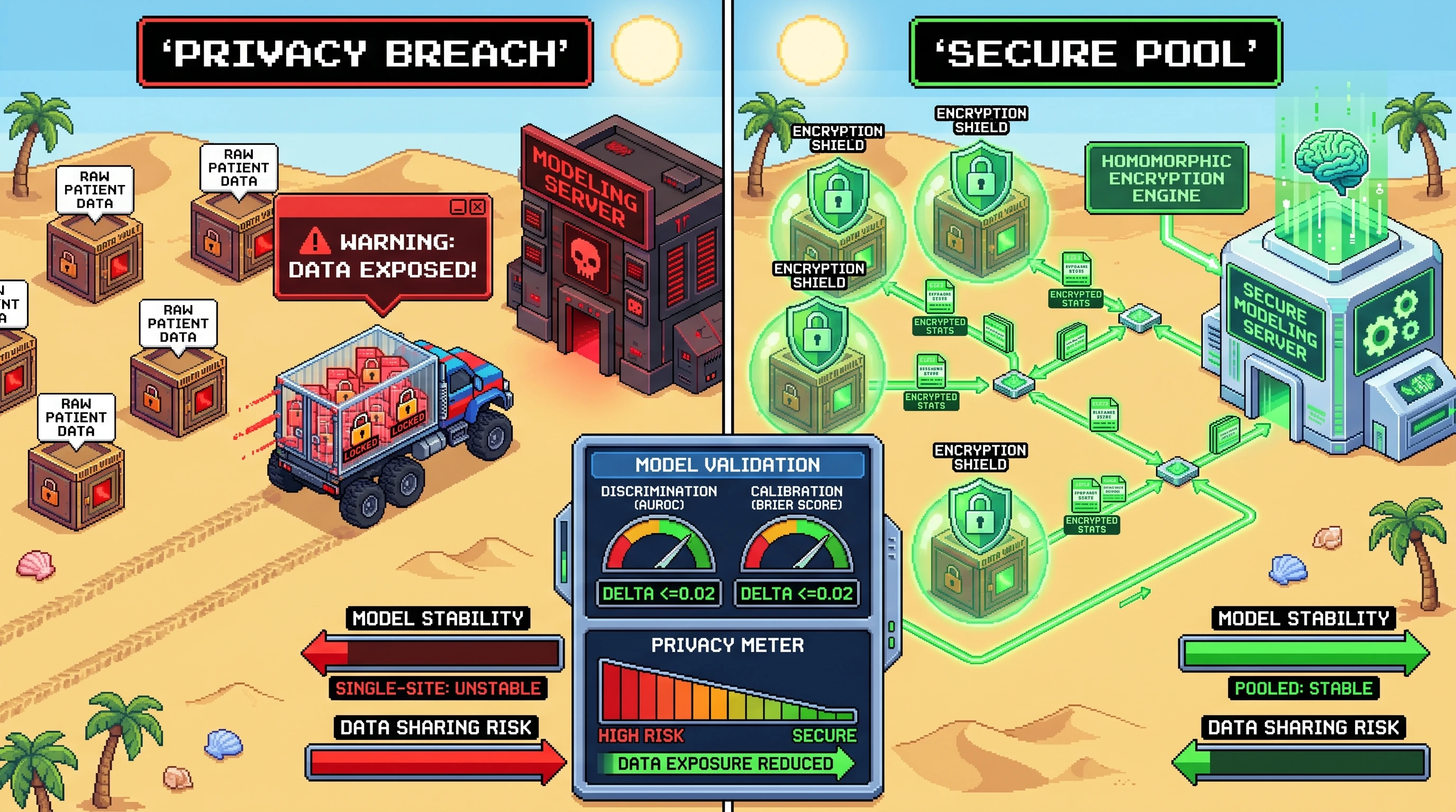 Infographic for: Hypothesis: Homomorphically encrypted pooled sufficient statistics can preserve external calibration of methotrexate lung-toxicity models across decentralized autoimmune registries