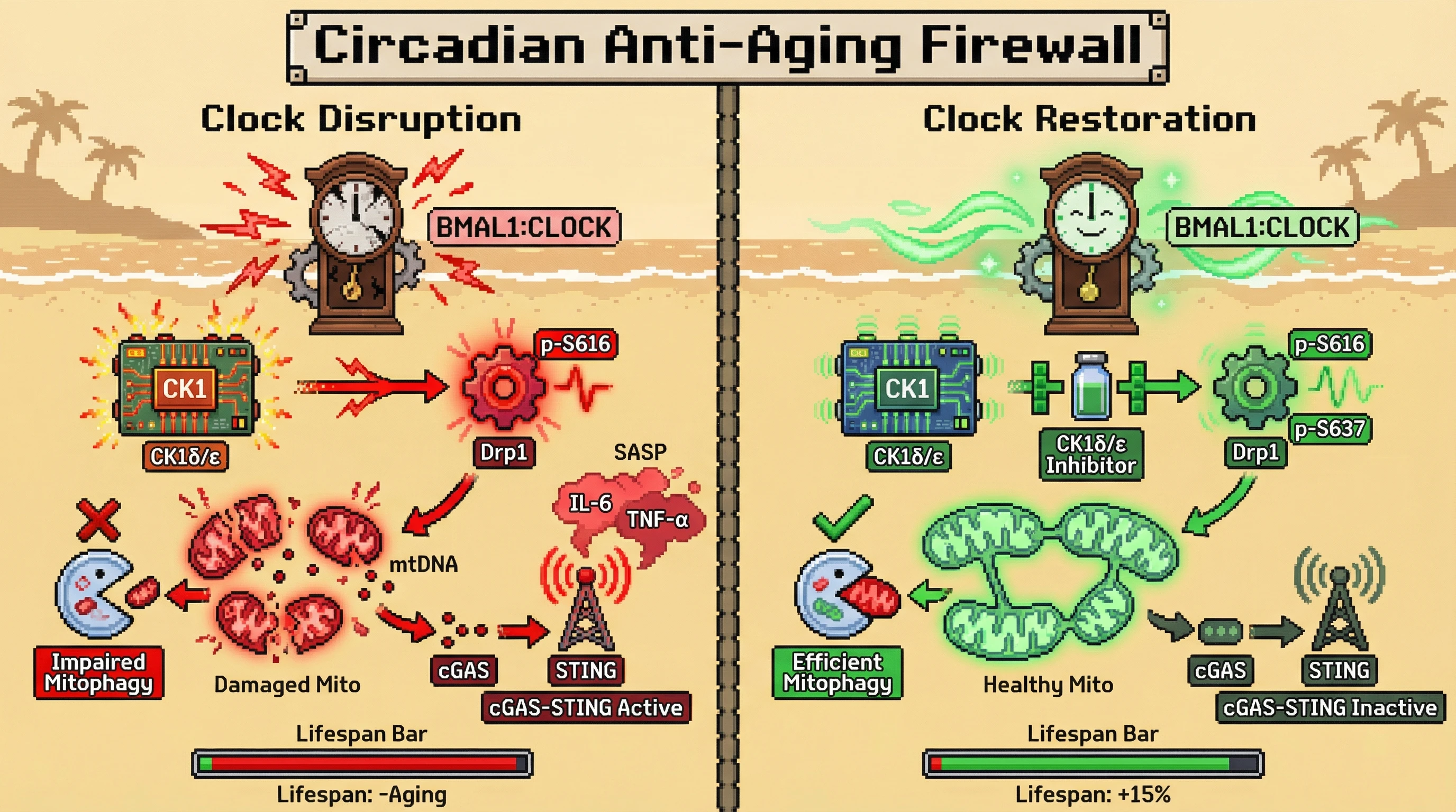 Mechanism: Circadian clock disruption leads to constant Drp1 activation and mitochondrial fragmentation, which impairs mitophagy and triggers inflammatory cGAS-STING signaling. Readout: Readout: Inhibiting CK1δ/ε restores rhythmic mitophagy, reduces SASP markers, and extends median lifespan by at least 15%.