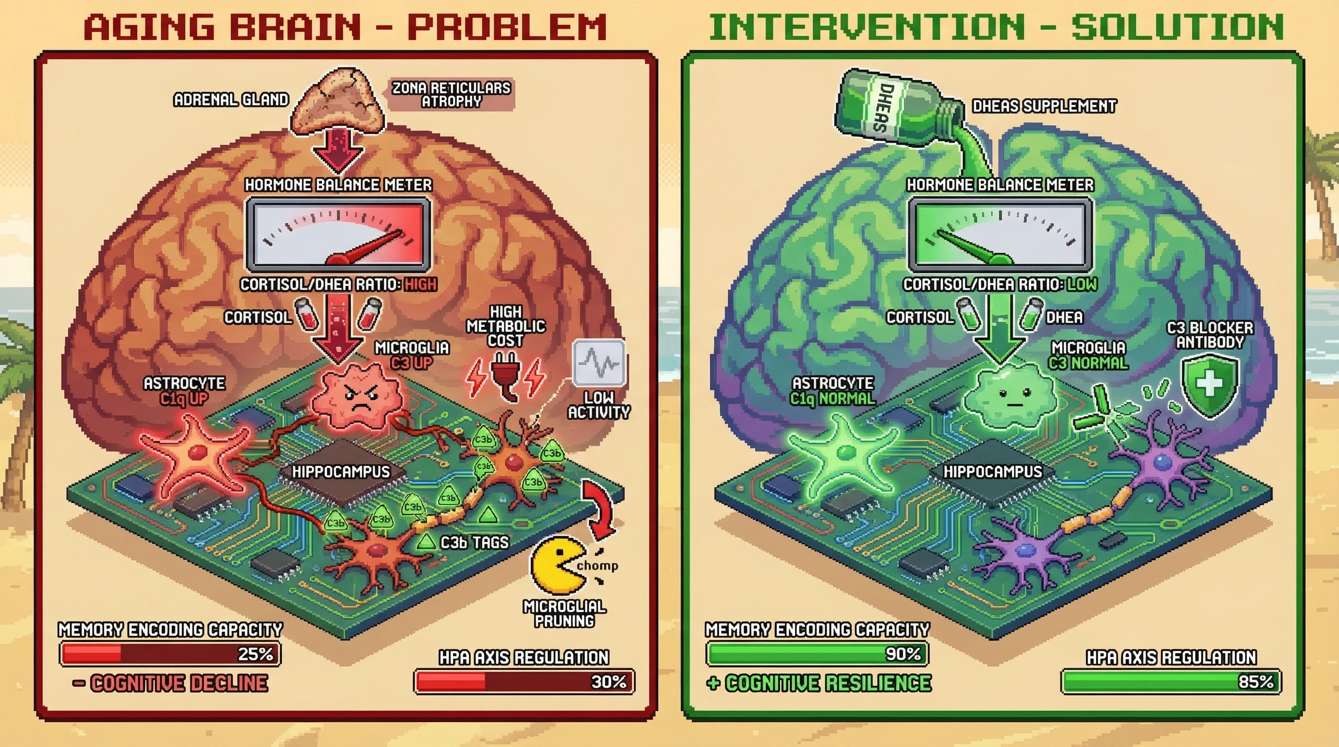 Infographic for: Endocrine-Driven Synaptic Pruning: The Cortisol/DHEA Axis Reactivates Developmental Complement Pathways to Selectively Eliminate Metabolically Costly Neurons in Aging Hippocampus