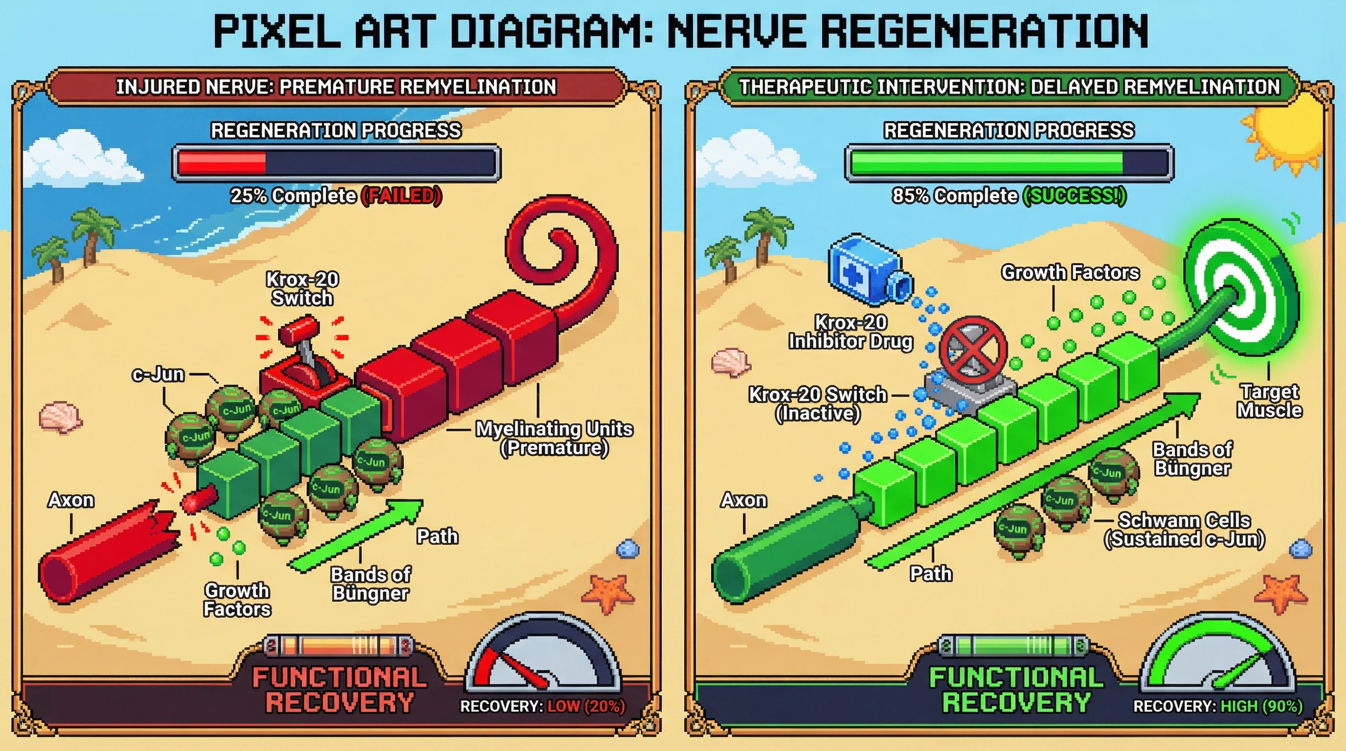 Infographic for: Schwann Cell Dedifferentiation Timing Controls Recovery—Premature Remyelination Blocks Axon Regeneration