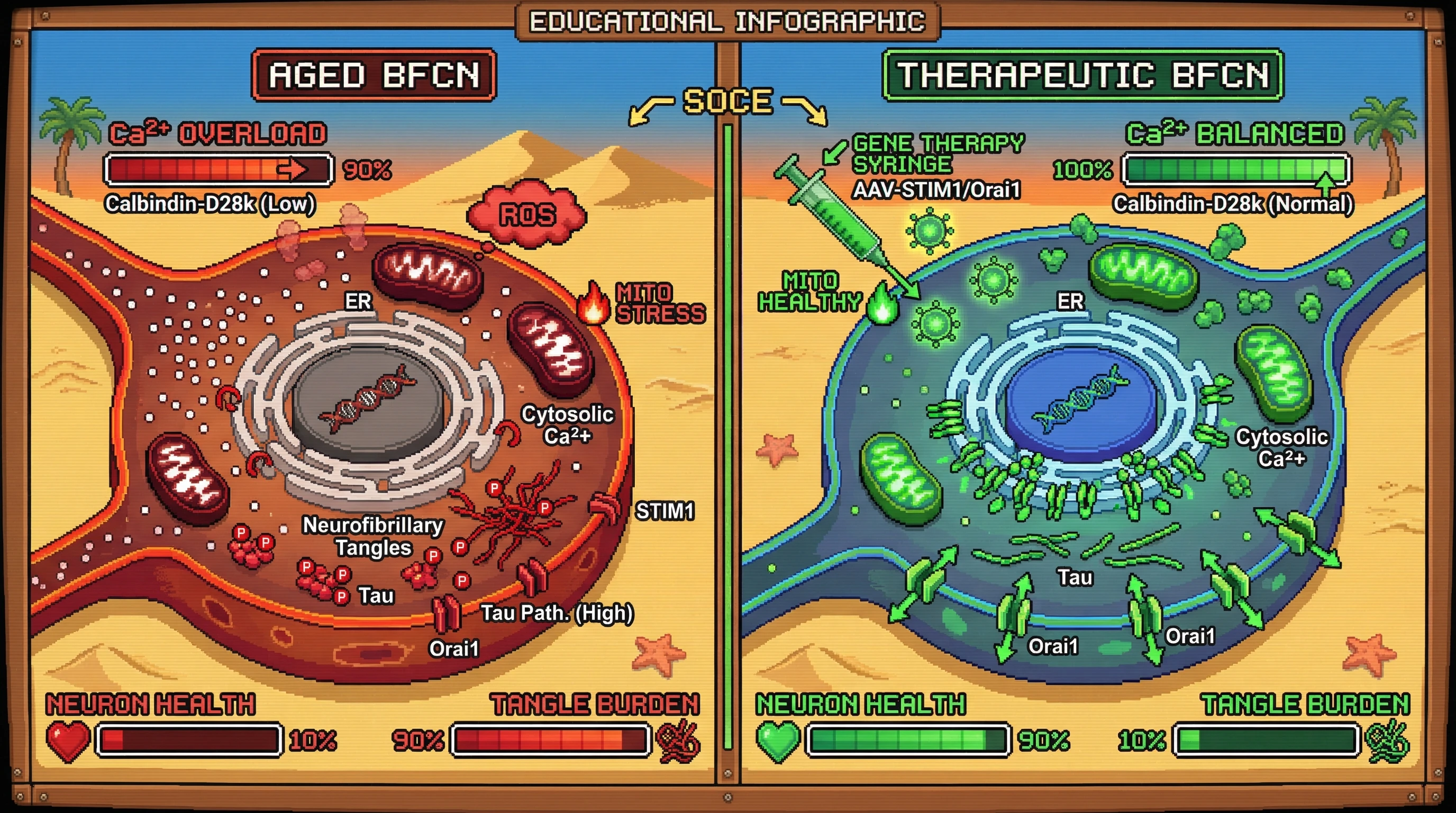 Infographic for: Compensatory Store-Operated Calcium Entry Protects Locus Coeruleus Neurons from Calbindin Loss and Neurofibrillary Tangle Formation