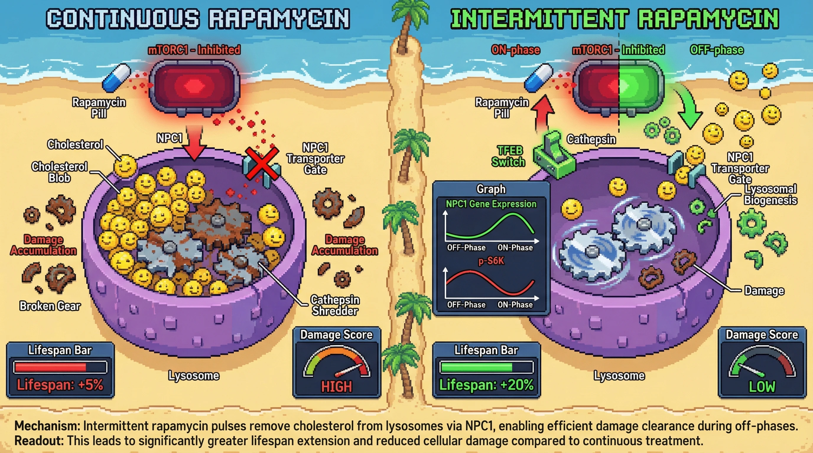 Infographic for: Intermittent Rapamycin Pulses Activate Lysosomal Cholesterol Efflux to Promote Damage Clearance Beyond Scarcity Mimicry