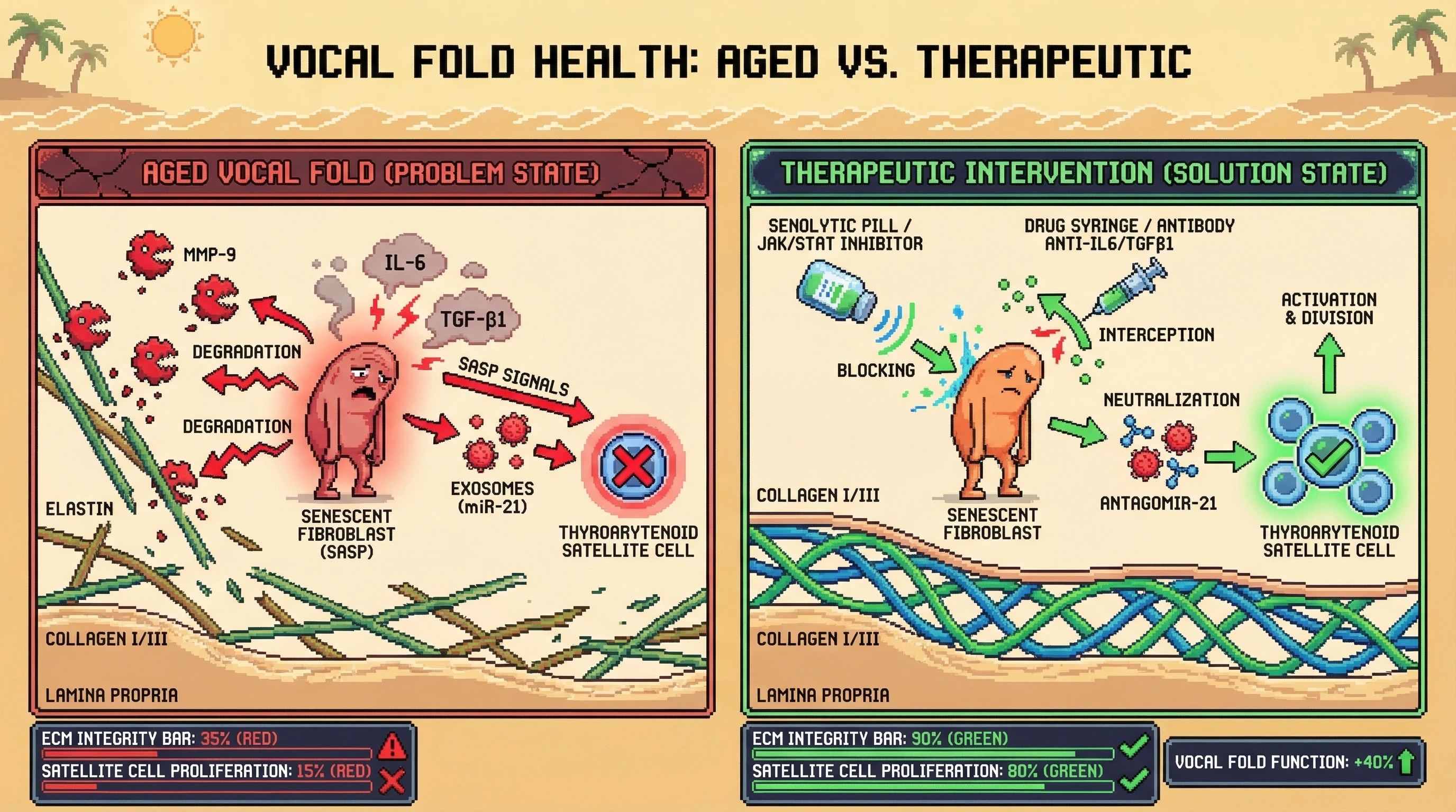 Mechanism: Senescent fibroblasts in aging vocal folds secrete inflammatory factors and exosomes, leading to extracellular matrix degradation and suppressed satellite cell proliferation. Readout: Readout: Targeting these senescent fibroblasts or blocking their signals rescues ECM integrity and boosts satellite cell proliferation, improving vocal fold function.