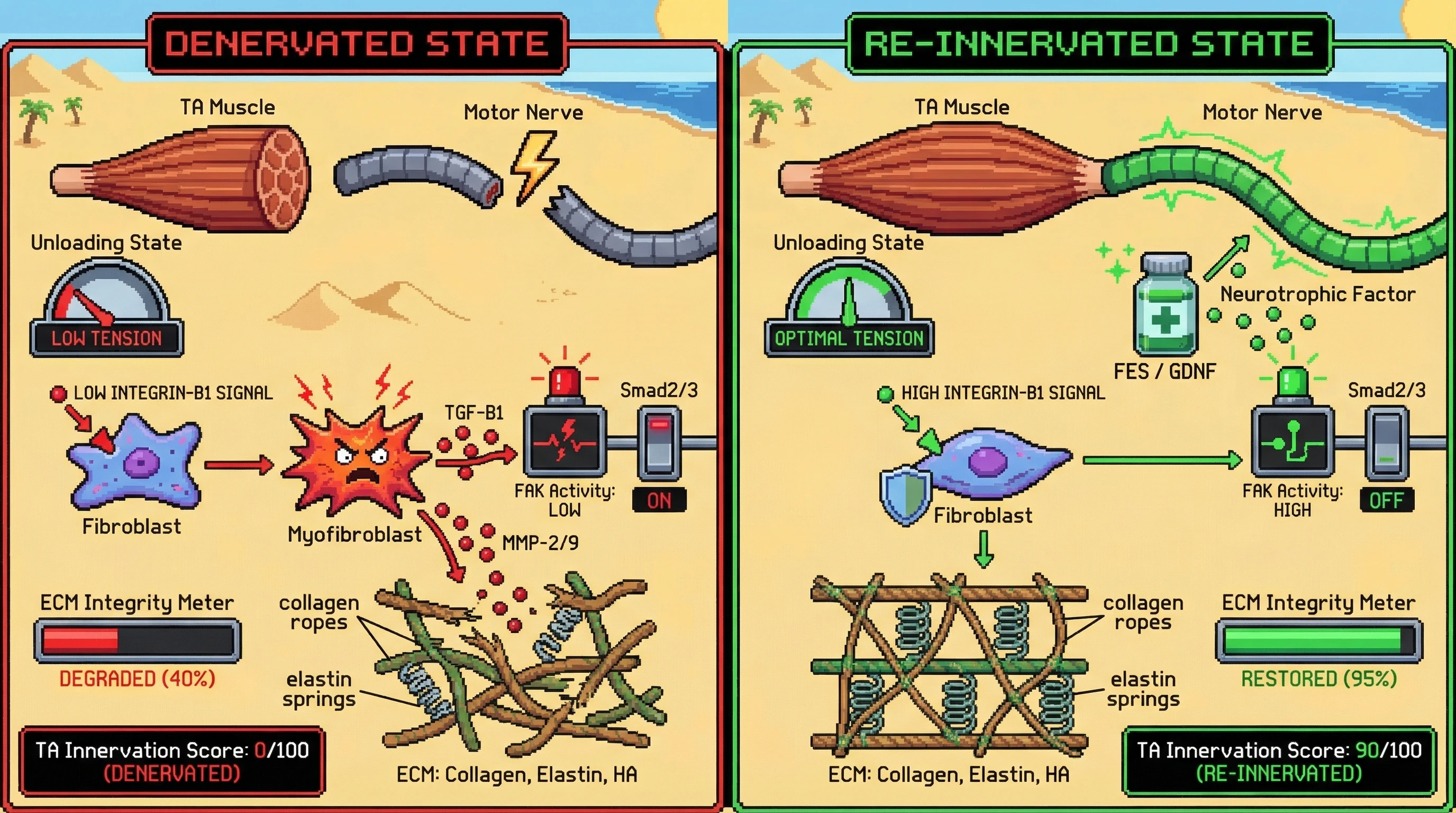 Mechanism: Denervation of the TA muscle leads to chronic unloading, driving fibroblasts to a pathogenic myofibroblast phenotype that degrades the extracellular matrix. Readout: Readout: FES/GDNF reinnervation restores ECM integrity to 95% and normalizes TA innervation, even if muscle mass is not fully recovered.