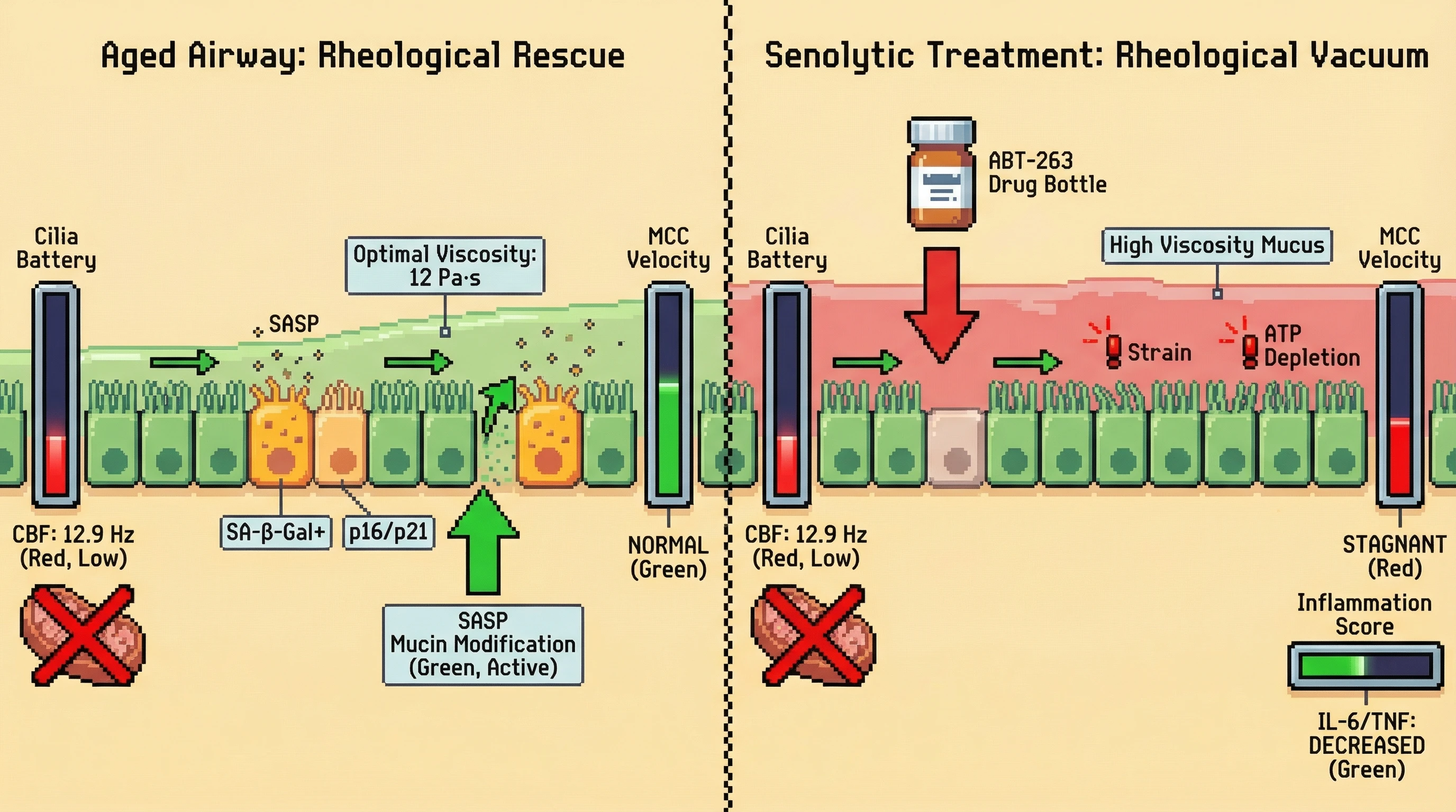 Mechanism: Senescent secretory cells, through SASP, modify mucin to lower viscosity, maintaining mucociliary clearance despite reduced ciliary beat frequency in aged airways. Readout: Readout: Senolytic removal of these cells paradoxically increases mucus viscosity and decreases MCC velocity, even as inflammatory markers improve.