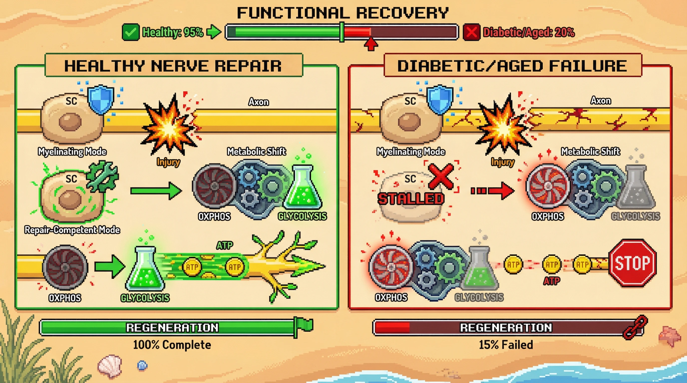 This retro pixel art infographic illustrates how healthy Schwann cells switch their metabolism from oxidative to glycolytic to support axon regeneration after nerve injury, a critical shift that fails in diabetic and aged states, leading to poor recovery.