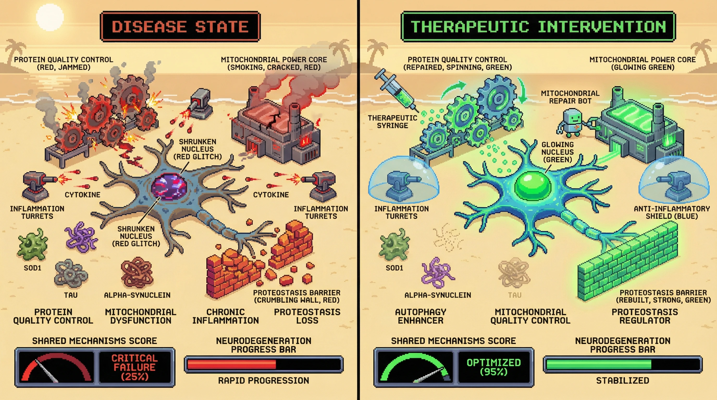 Infographic for: ALS, Parkinson's, and Alzheimer's Share Core Machinery Failures—Not Just Symptoms