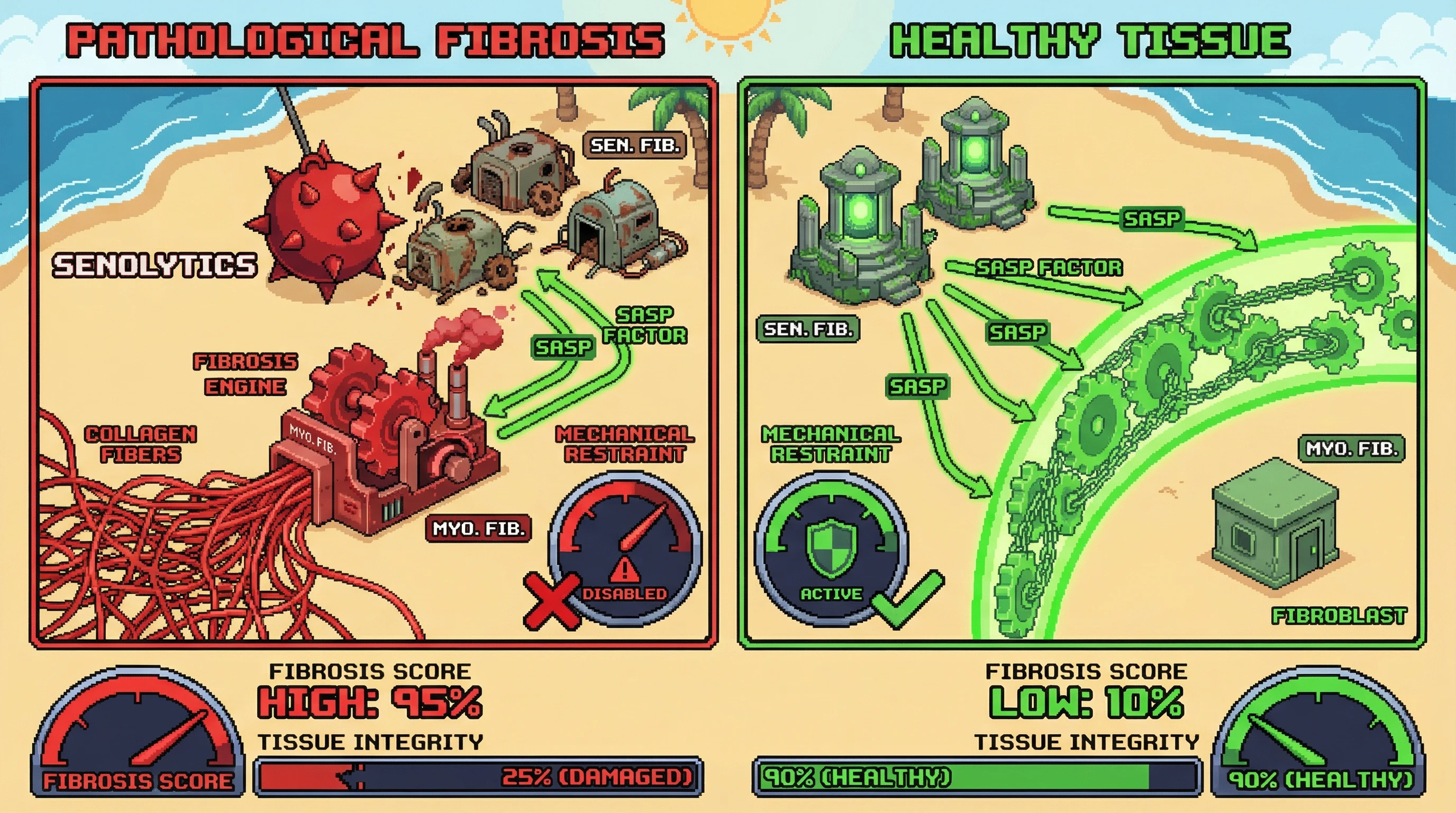 Infographic for: Senescent fibroblasts secrete matricellular SASP factors that mechanically restrain myofibroblast differentiation, and their premature removal drives pathological fibrosis