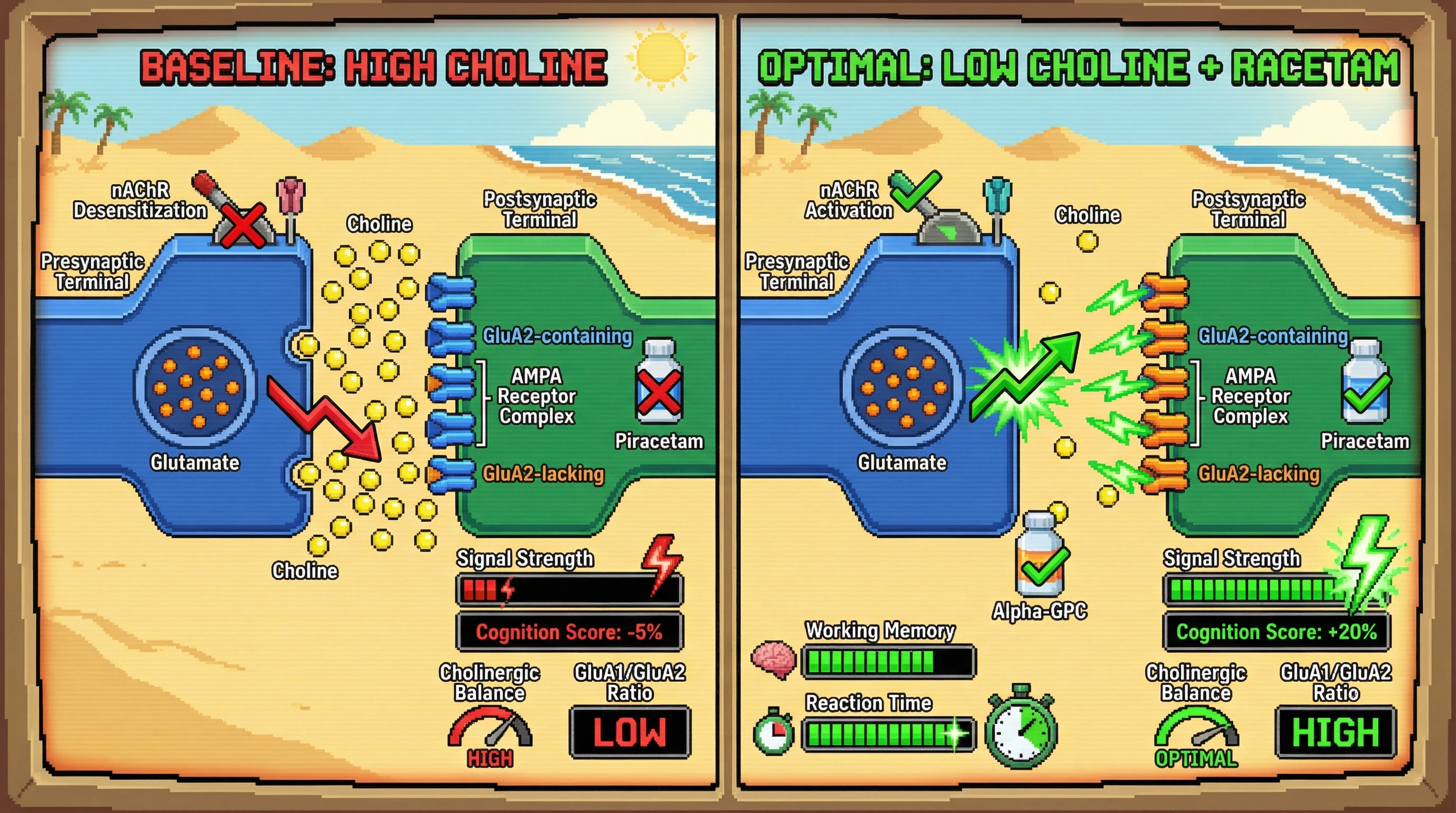 Infographic for: Baseline cholinergic state and AMPA receptor subunit composition predict racetam-choline cognitive enhancement in healthy adults