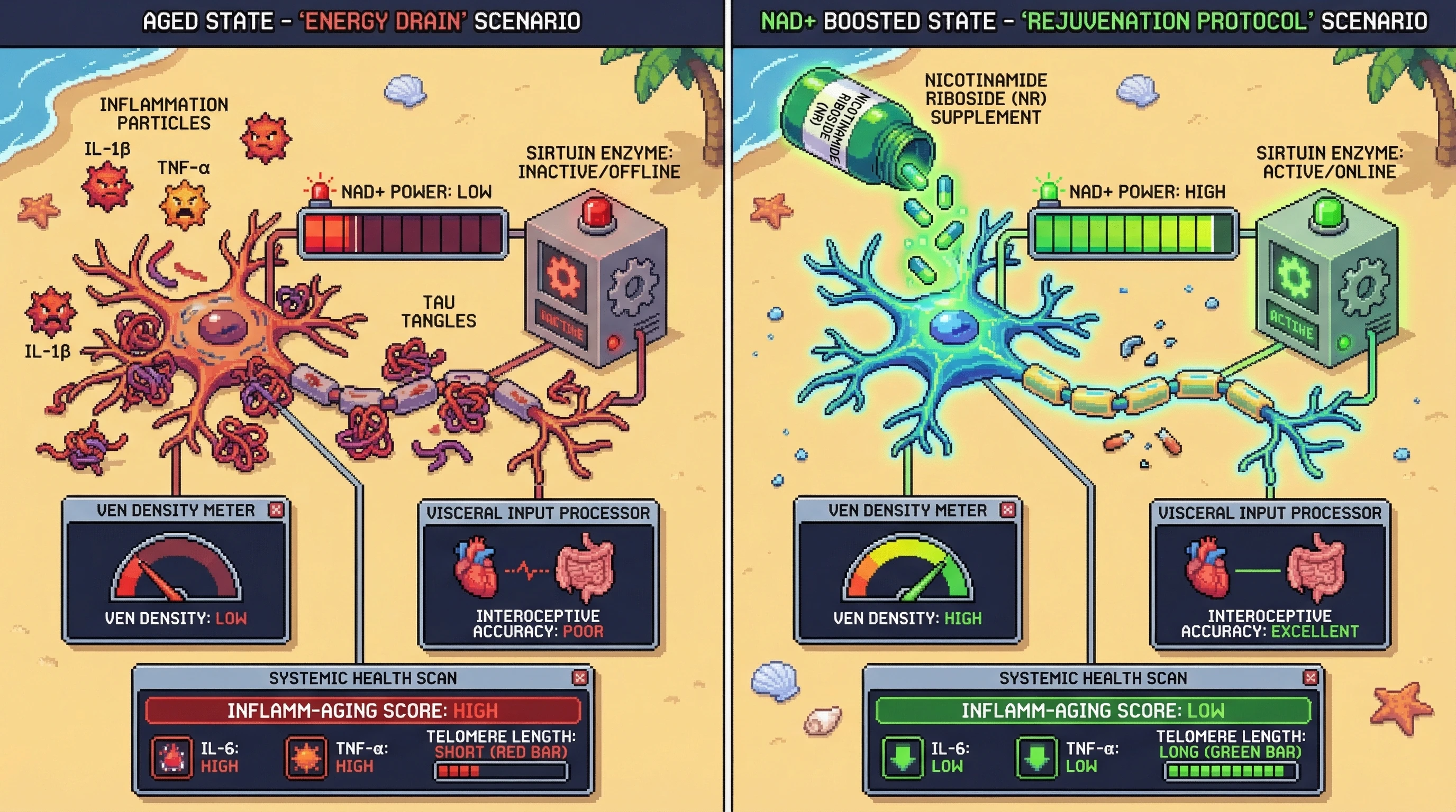 Mechanism: Declining NAD+ levels in aging lead to von Economo Neuron (VEN) loss and impaired interoception by reducing sirtuin activity and increasing neuroinflammation. Readout: Readout: NAD+ boosting via nicotinamide riboside restores VEN density, improves interoceptive accuracy, and reduces systemic inflammaging markers like IL-6 and TNF-α.