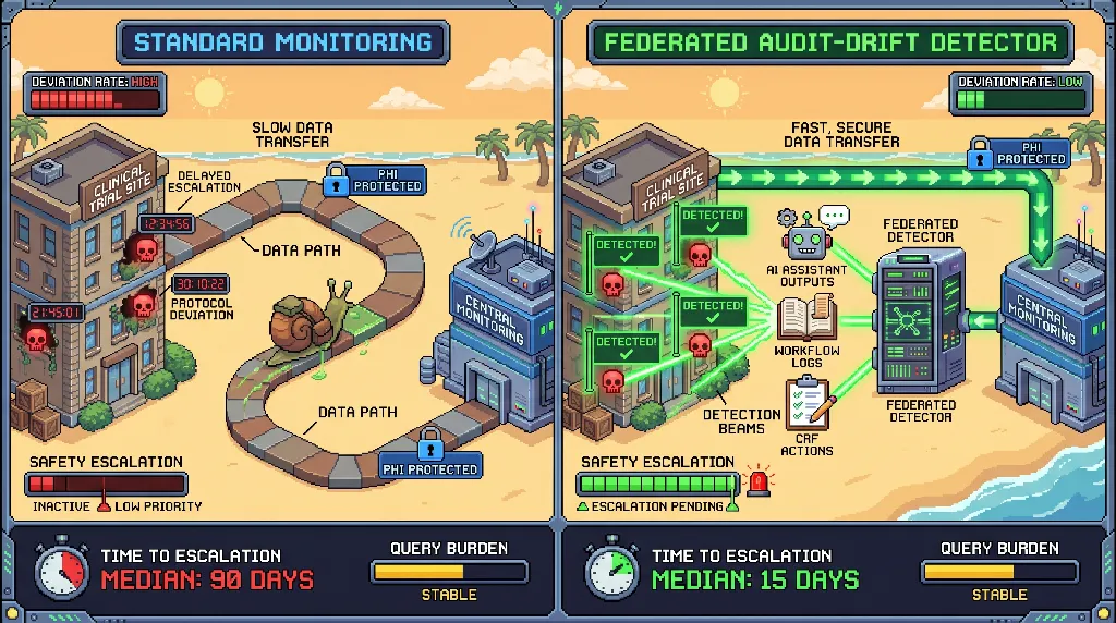 Infographic for: Federated audit-drift detection will reduce silent AI protocol deviations in multicenter autoimmune trials without increasing false safety escalations
