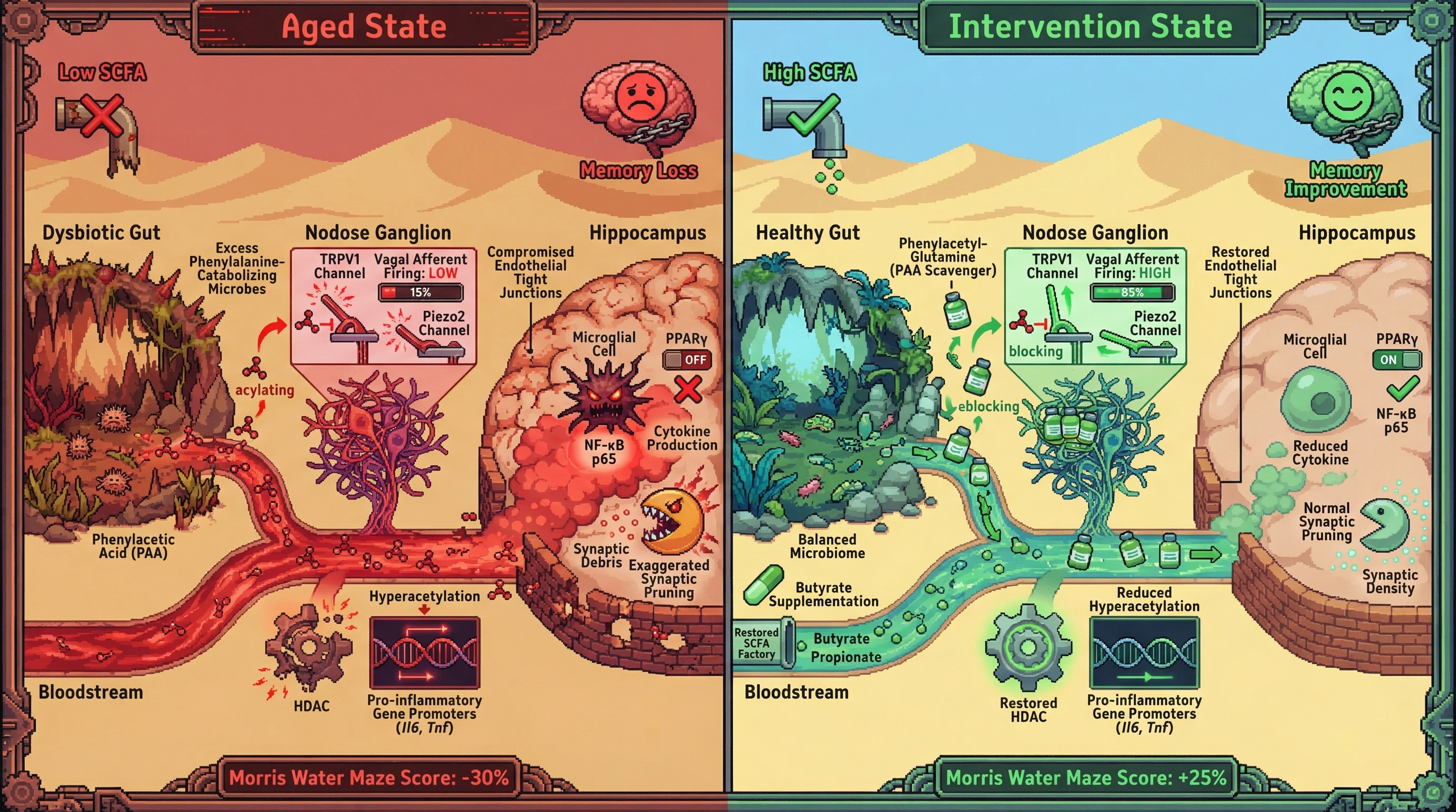 Infographic for: Age‑Related Gut Dysbiosis Drives Vagal‑Mediated Hippocampal Senescence via Phenylacetic Acid‑Induced Endothelial Stress and SCFA Deficiency