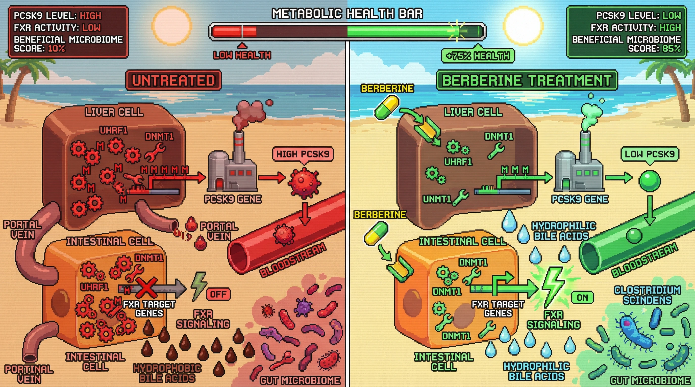 Infographic for: Berberine‑mediated UHRF1 depletion reprograms hepatic and intestinal epigenetics to lower PCSK9 and reshape the bile acid–microbiome axis