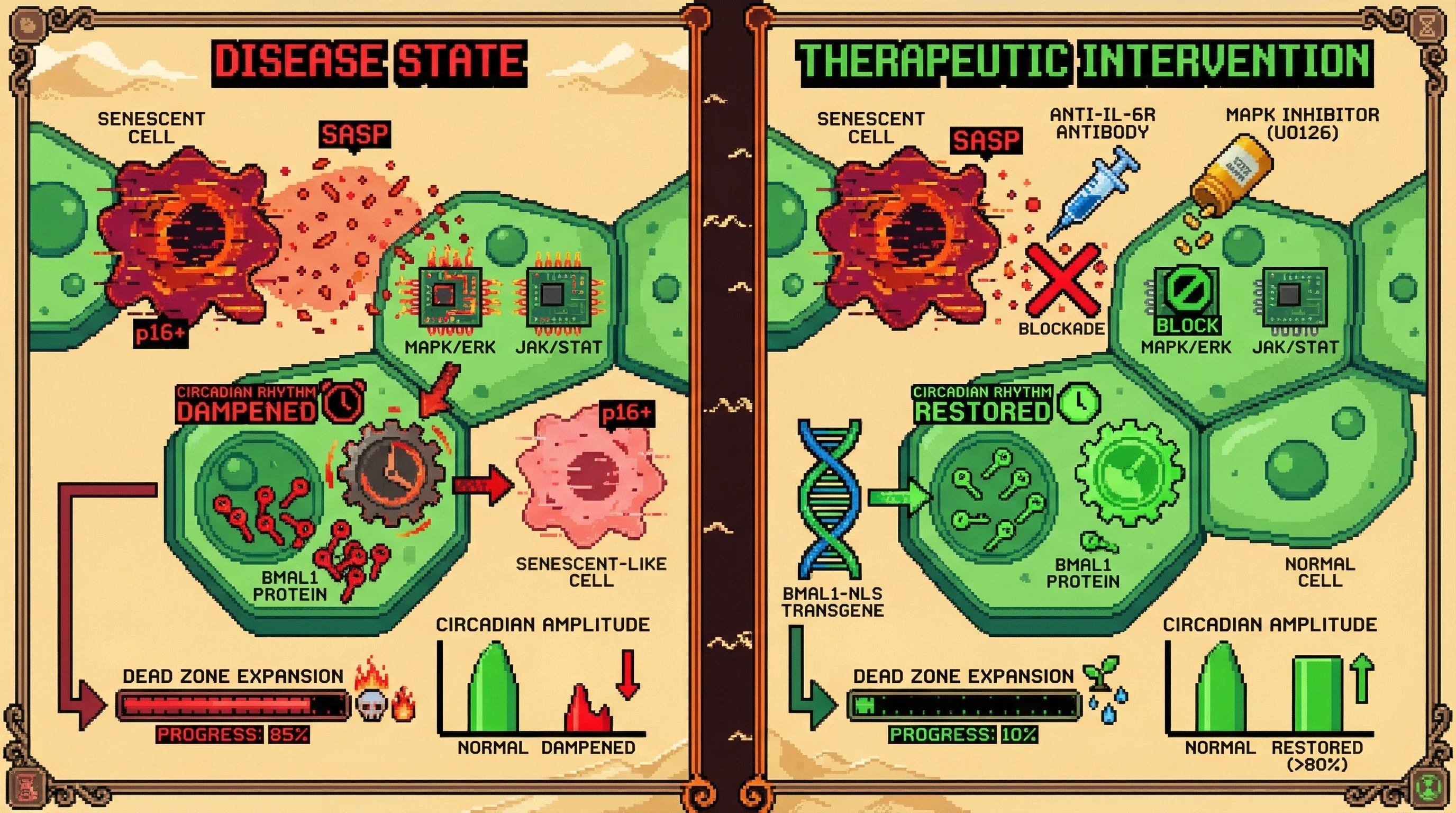 Mechanism: Senescent cells release SASP factors that activate MAPK/ERK and JAK/STAT pathways in neighboring cells, dampening their circadian rhythms and causing them to adopt senescent-like features. Readout: Readout: Blocking SASP or restoring nuclear BMAL1 prevents dead zone expansion (10% vs 85%) and restores circadian amplitude (80%).