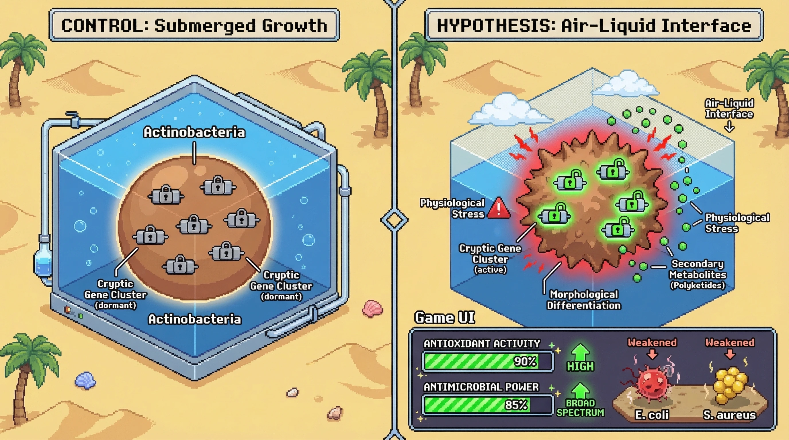 Infographic for: Hypothesis: Static interface biofilms trigger cryptic antioxidant and antimicrobial pathways in Actinobacteria