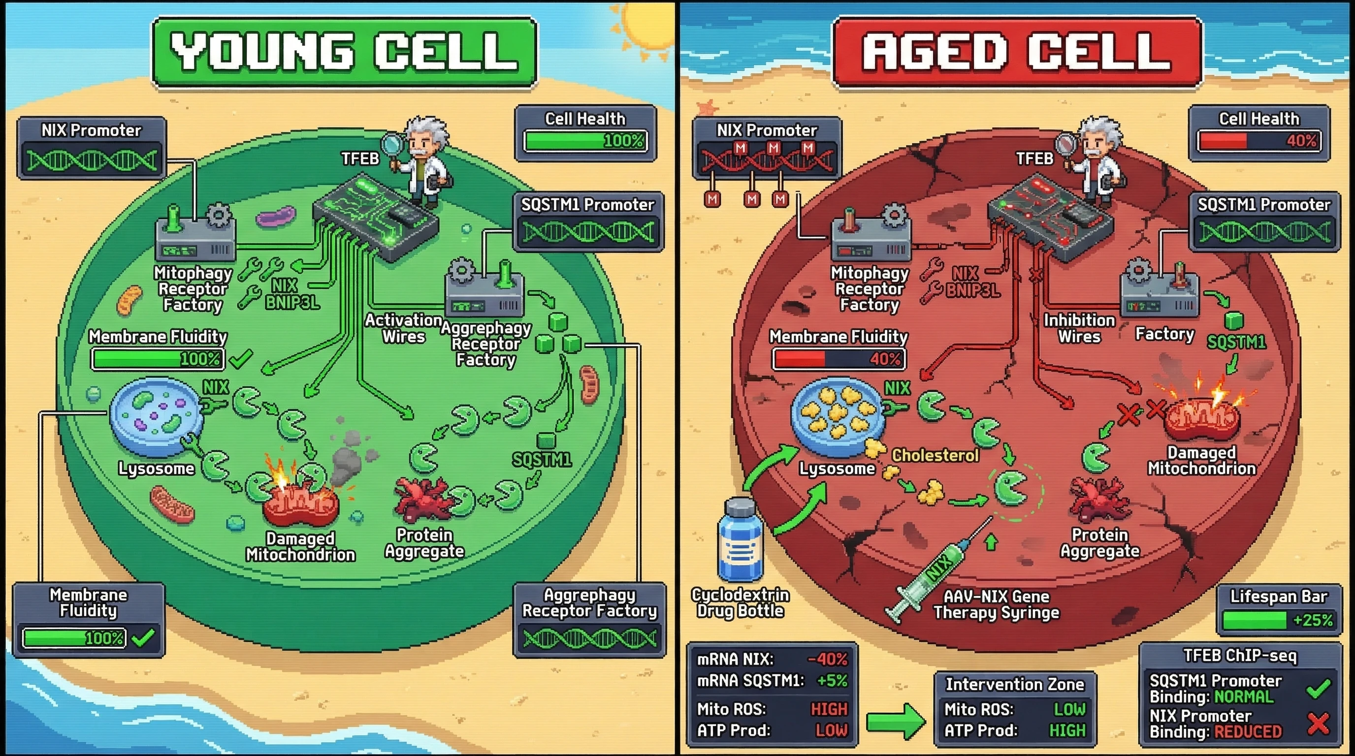 Mechanism: Aging causes lysosomal cholesterol accumulation and DNA methylation, which selectively reduce NIX/BNIP3L mitophagy receptors, leading to damaged mitochondria accumulation despite normal protein aggregate clearance. Readout: Readout: Cyclodextrin or NIX overexpression restores mitochondrial health, reduces ROS, and improves ATP production, increasing cellular lifespan by 25%.