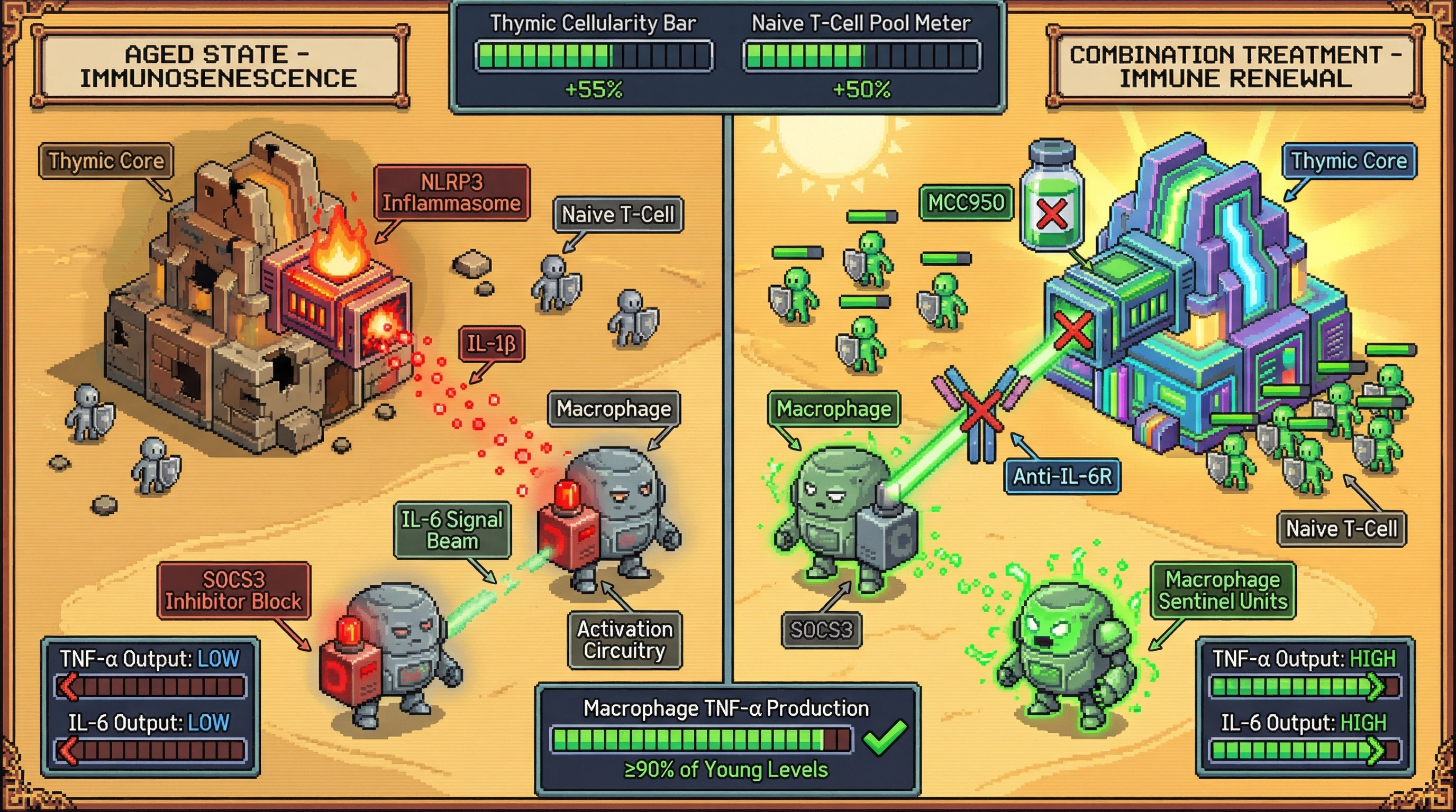 Infographic for: Dual NLRP3 and IL-6R blockade reverses immunosenescence by coupling thymic renewal with macrophage competence