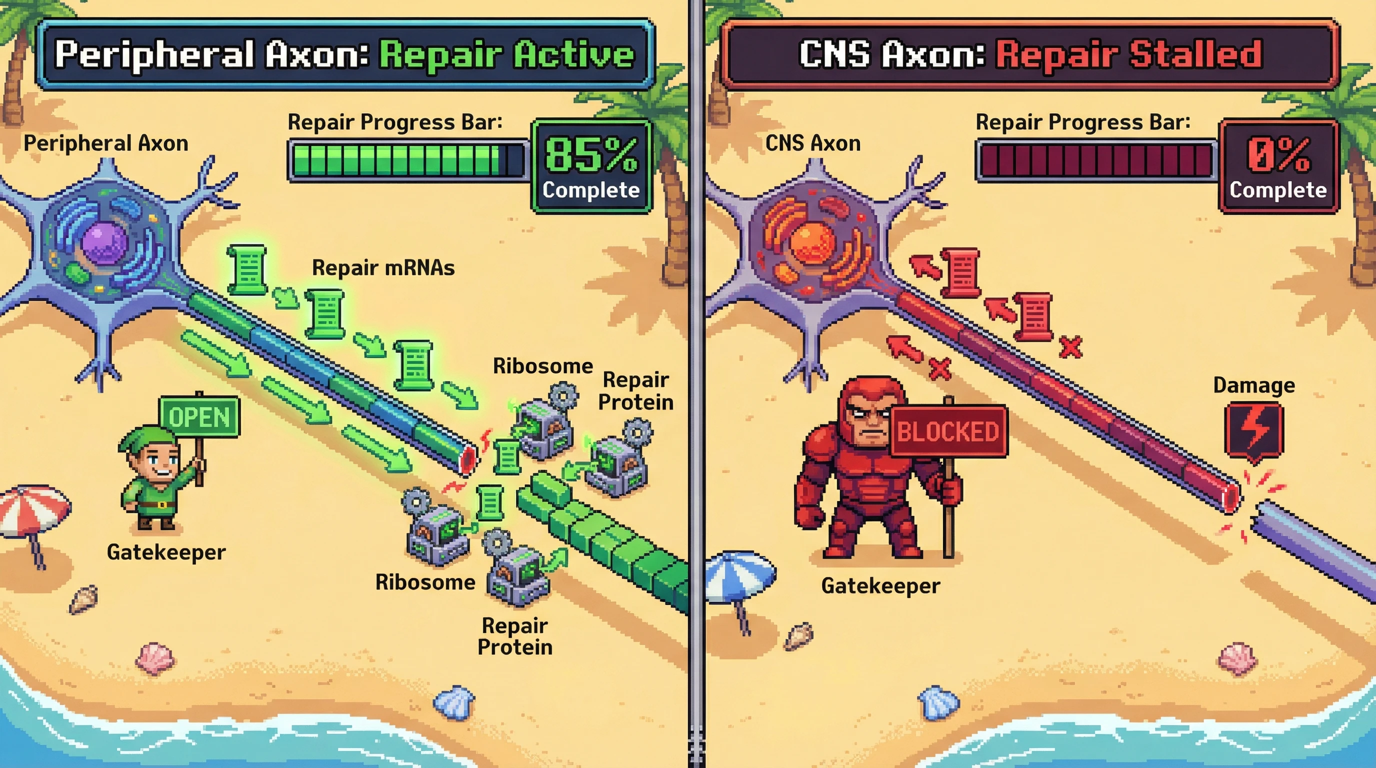 Infographic for: Injured axons can make their own proteins—peripheral nerves do it, central neurons do not. The difference is not genetic, it is gatekeeping.