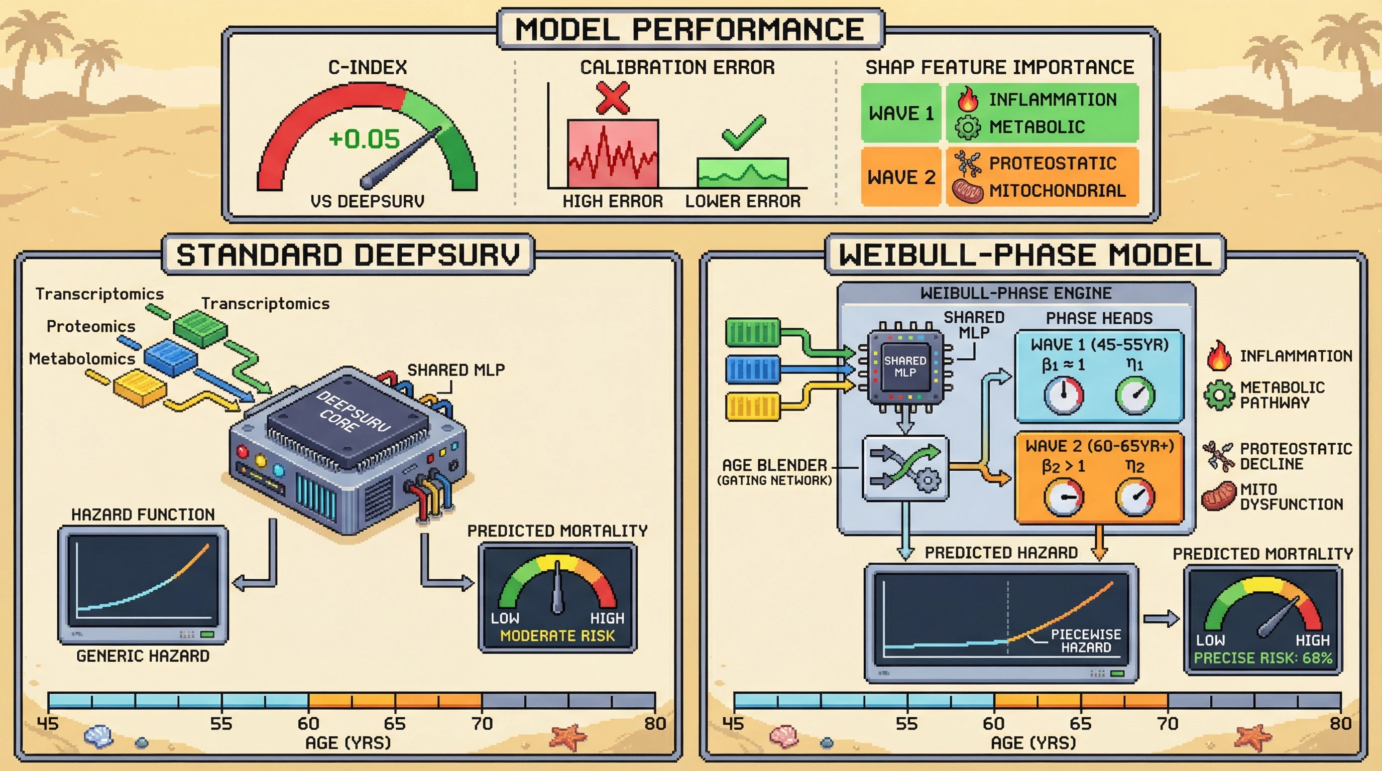 Infographic for: Weibull-Phase Neural Cox Survival Model for Capturing Multi-Omics Aging Waves