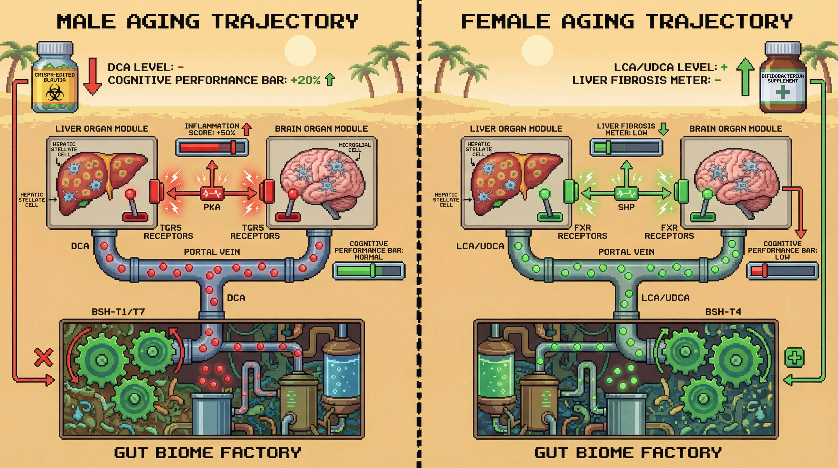 Mechanism: Sex-specific gut microbial BSH isoforms dictate bile acid profiles, with BSH-T1/T7-driven DCA in males activating TGR5 to promote inflammation, and BSH-T4-driven LCA/UDCA in females activating FXR for hepatoprotection but suppressing neuronal BDNF. Readout: Readout: Male aging shows increased inflammation and liver fibrosis, while females experience cognitive decline; targeted microbial interventions can reverse these sex-biased outcomes.