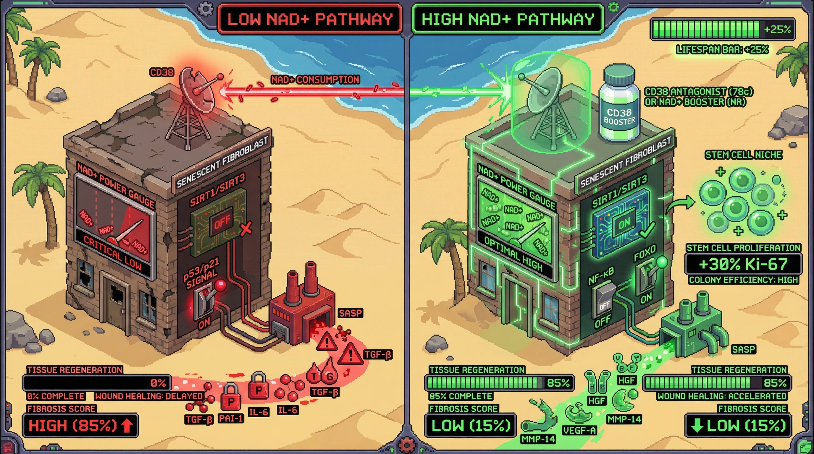 Infographic for: Senescent fibroblasts regulate tissue regeneration through NAD+-modulated SASP switching