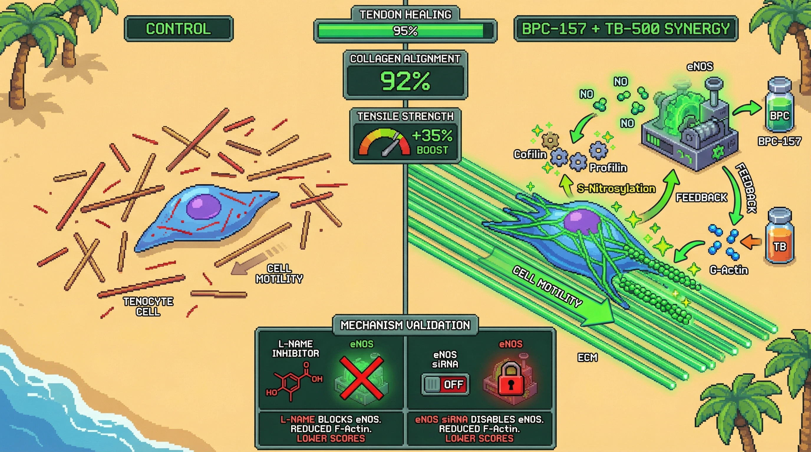 Infographic for: Hypothesis: BPC-157 and TB-500 Synergize via NO‑Mediated Actin Remodeling to Accelerate Human Tendon Healing