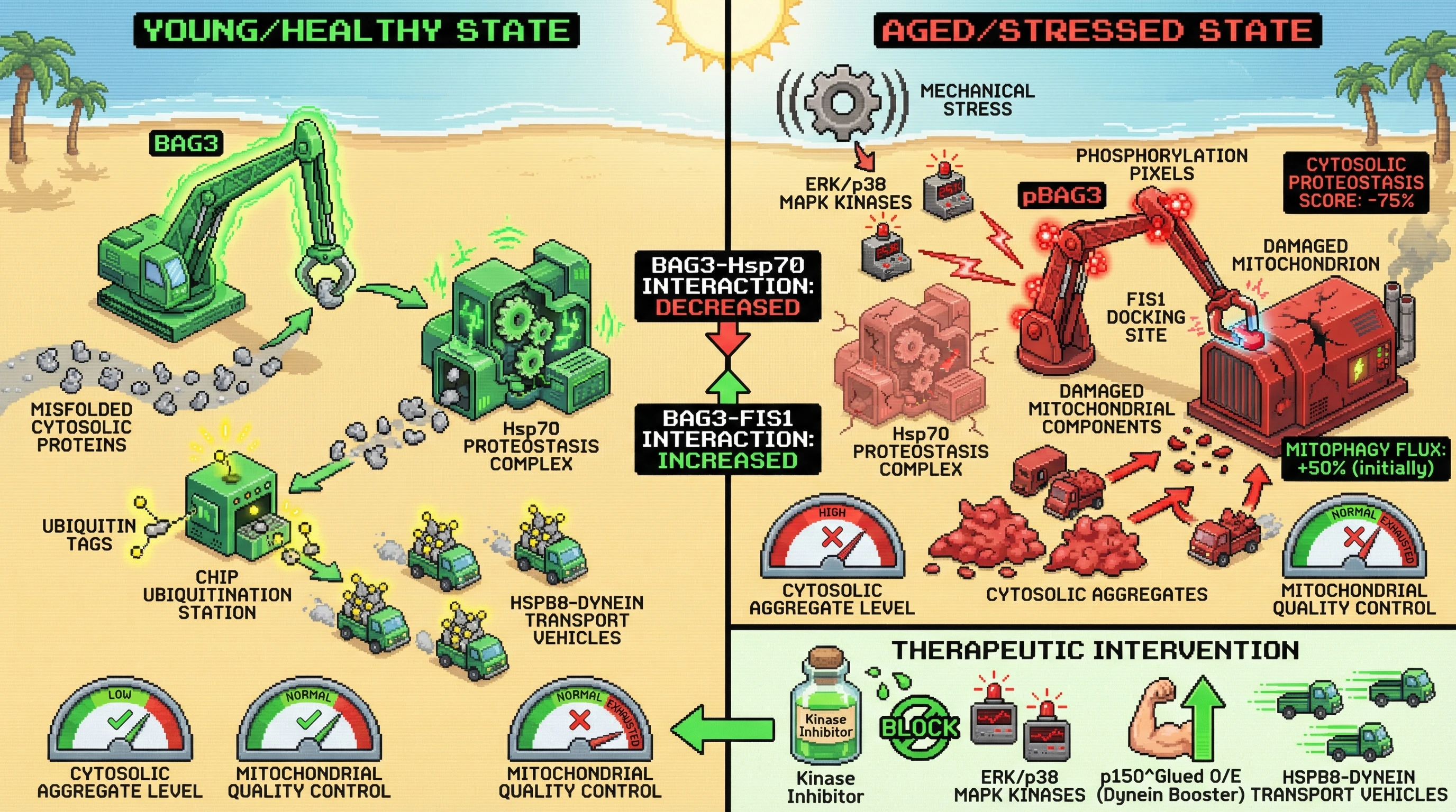 Infographic for: Mechanical strain-induced BAG3 phosphorylation redirects CASA capacity from cytosolic proteostasis to mitochondrial clearance, driving age-related organelle competition