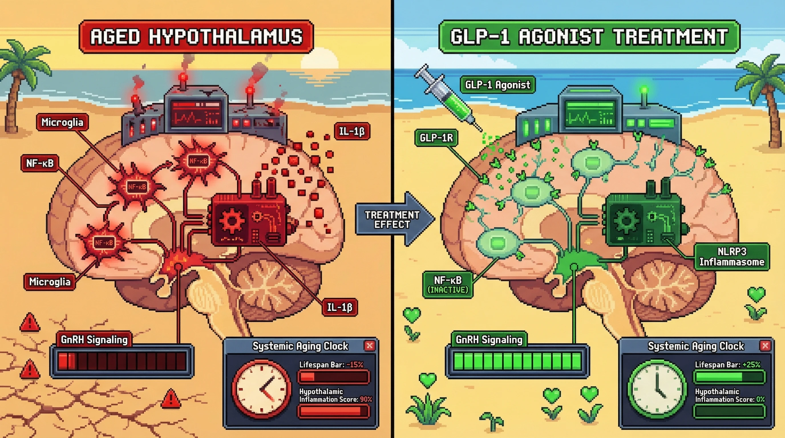 Infographic for: Hypothesis: GLP-1 Receptor Agonists Extend Lifespan Via Hypothalamic Inflammation Suppression, Not Weight Loss
